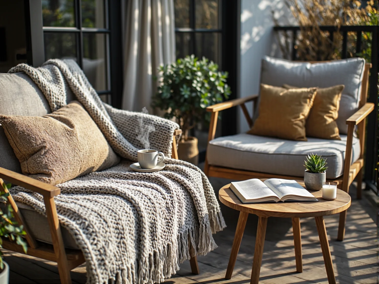 Białe meble na balkon w bloku w aranżacji skandynawskiej z miękkimi szarymi poduszkami.