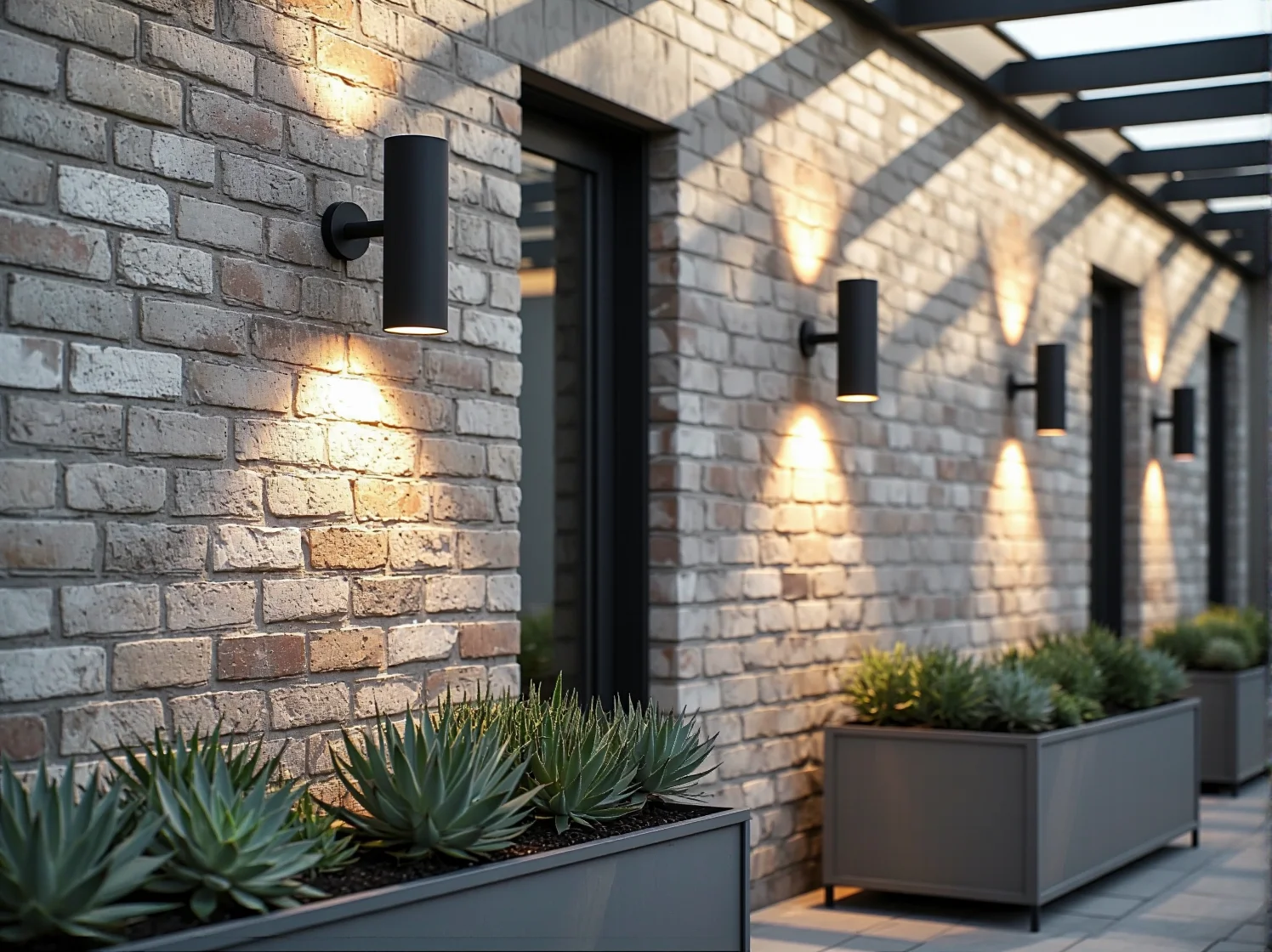 Metalowe meble tarasowe i betonowe dekoracje w industrialnej aranżacji przestrzeni wypoczynkowej.