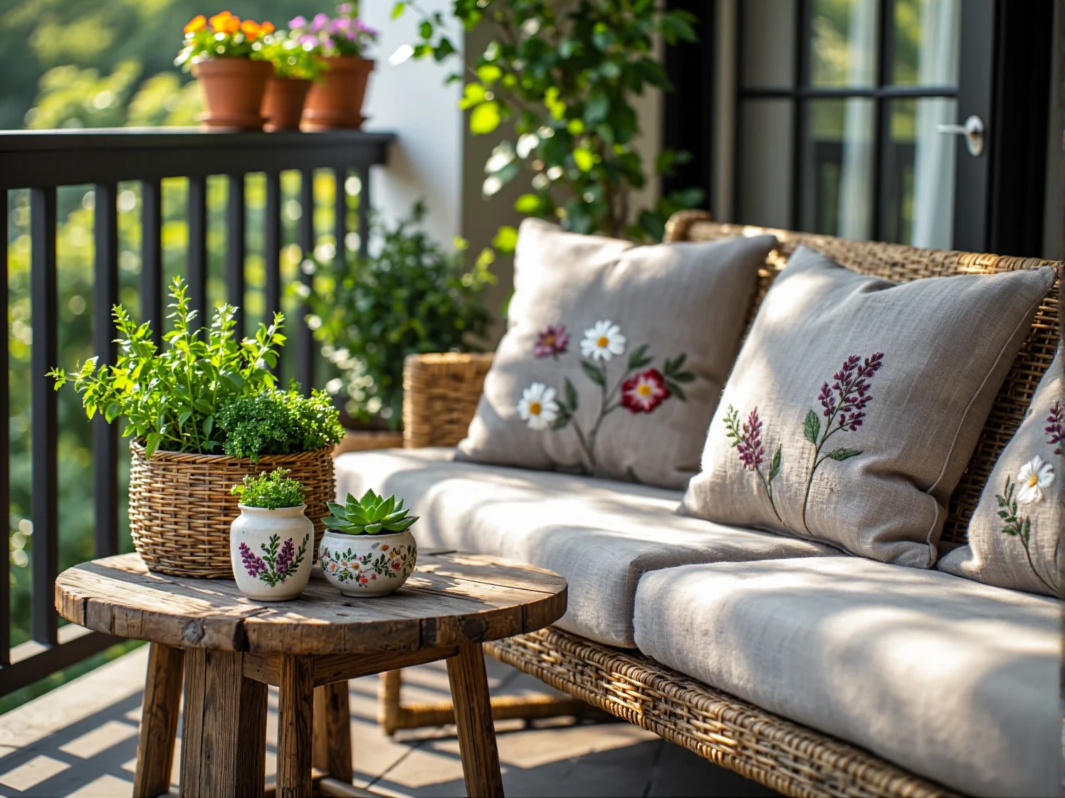 Krzesło z wikliny na balkonie w stylu rustykalnym wśród zielonych kwiatów