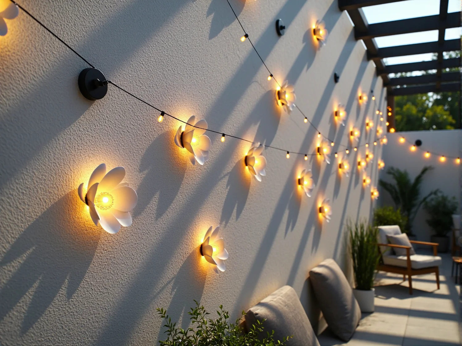 Białe meble ogrodowe i lawenda na tarasie w stylu prowansalskim z oświetleniem LED.