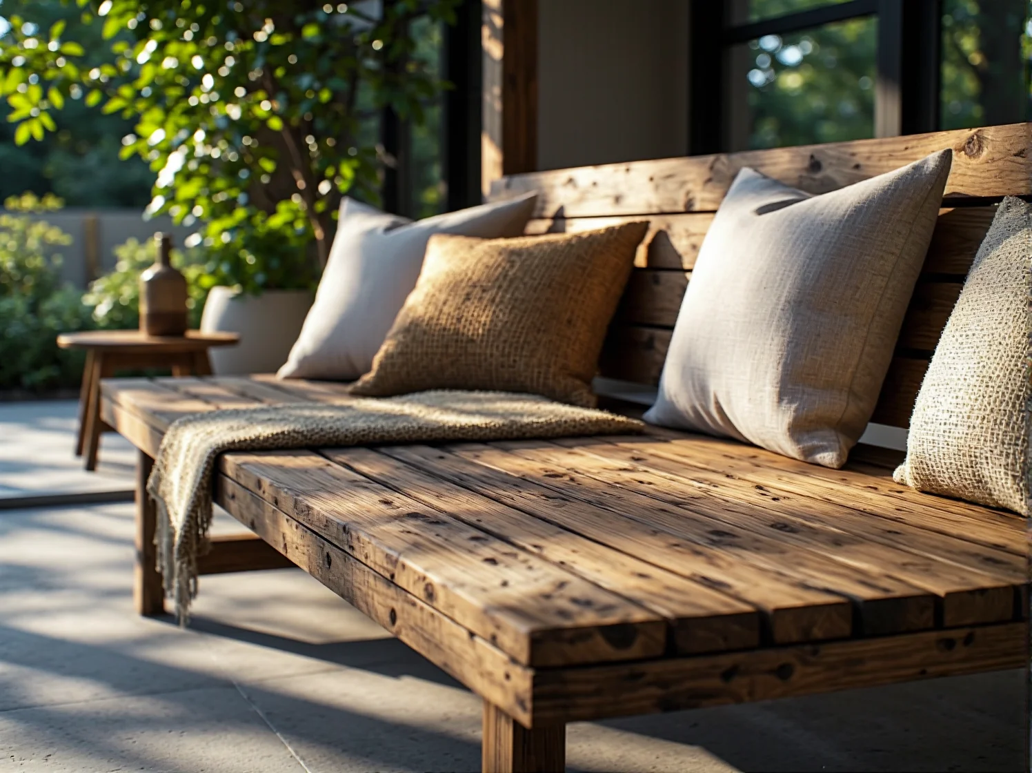 Drewniany zestaw mebli ogrodowych w stylu skandynawskim w otoczeniu nowoczesnego ogrodu.