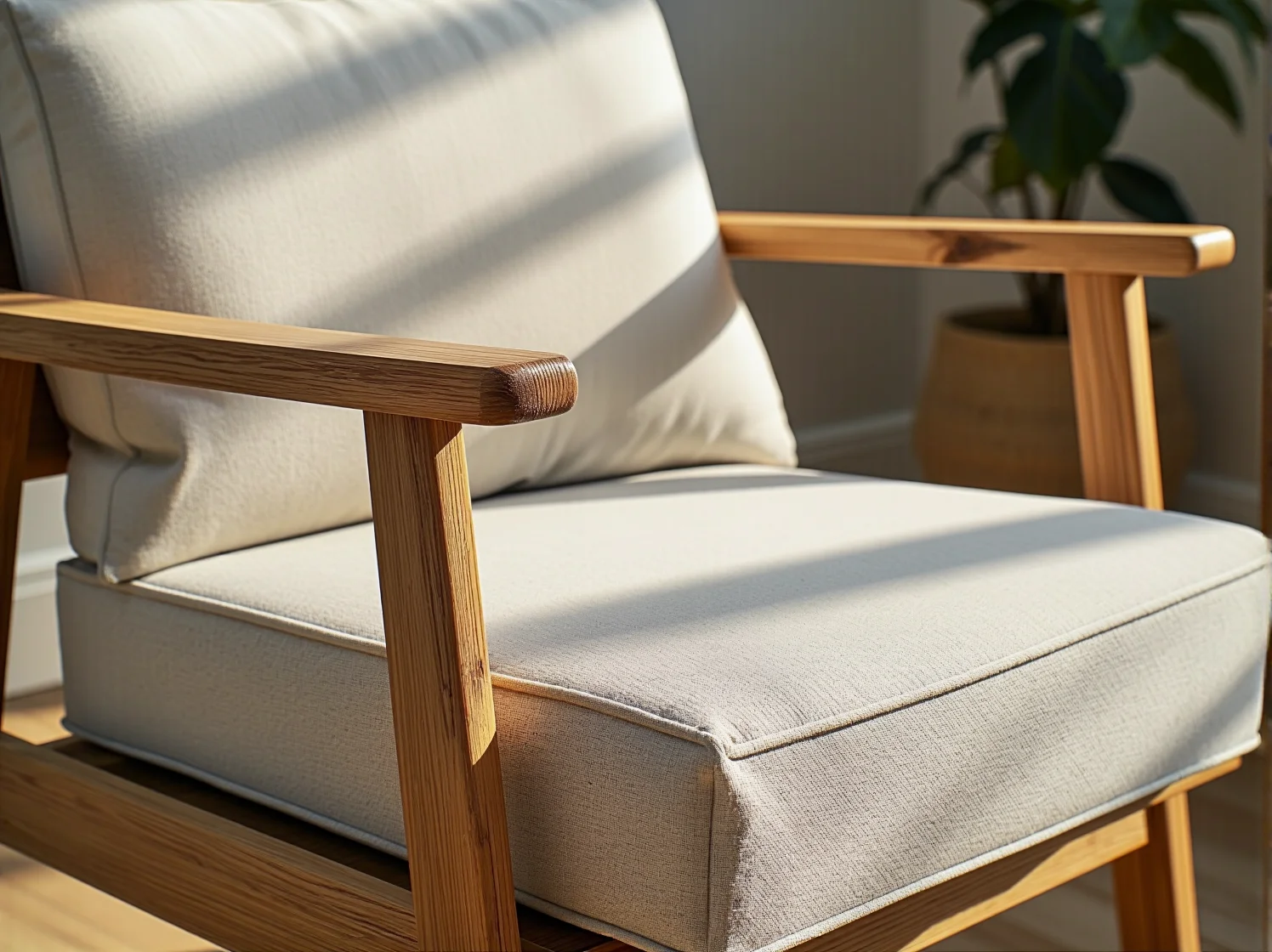 Meble przyjazne środowisku w jasnym salonie z naturalnymi dodatkami.