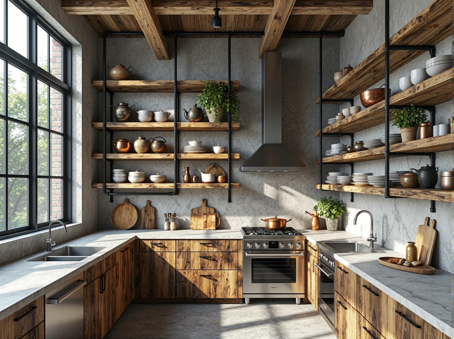 Meble rustykalne w nowoczesnym lofcie, harmonijne zestawienie drewna i betonu.