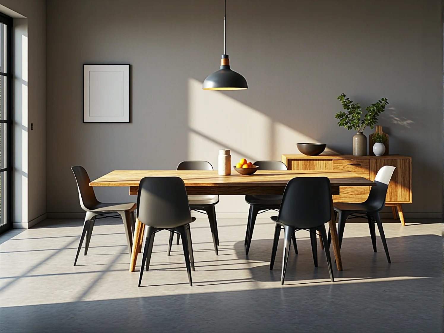 Minimalistyczne meble skandynawskie na tle betonowej ściany w nowoczesnym wnętrzu industrialnym