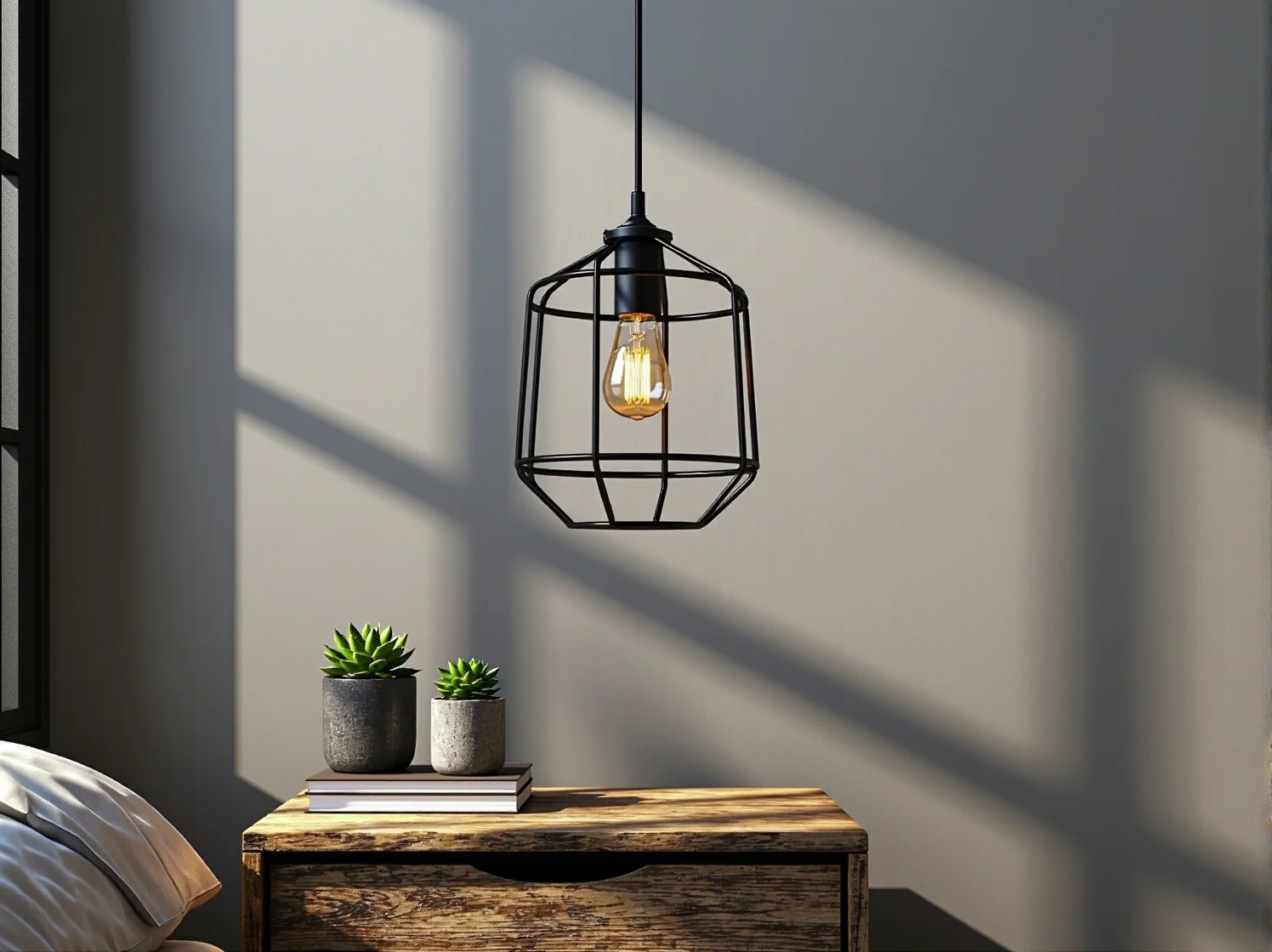 Metalowa lampa wisząca klatka z dekoracyjną żarówką do sypialni loft