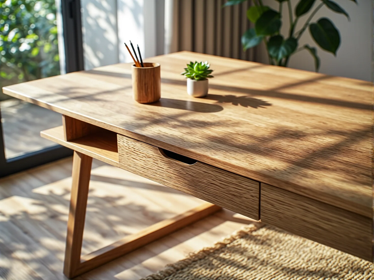 Minimalistyczne drewniane biurko i ergonomiczne krzesło w dziecięcym pokoju japandi z naturalnymi akcentami.