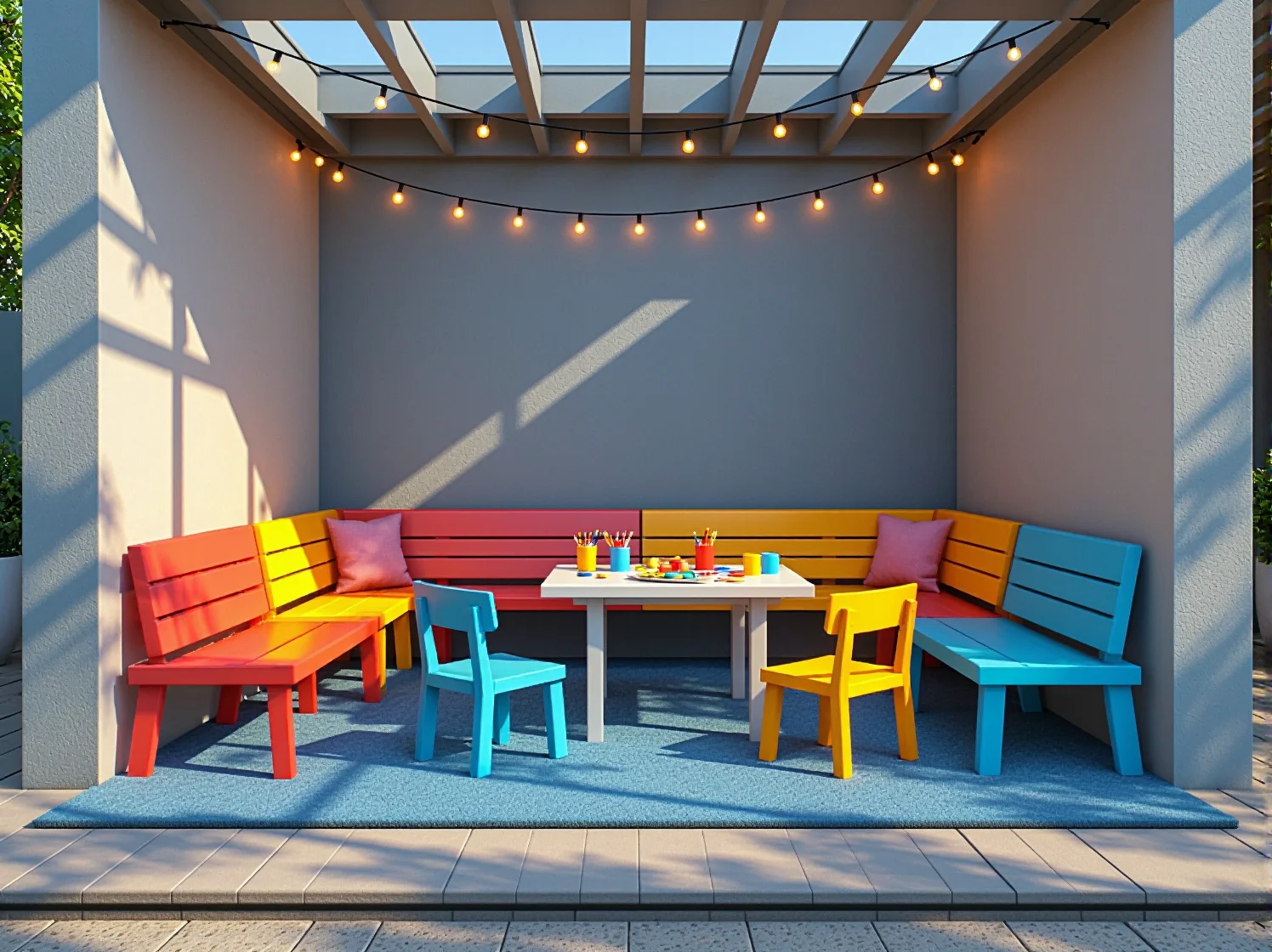 Montaż lamp ogrodowych z niskim napięciem w pobliżu piaskownicy i huśtawek ogrodowych.