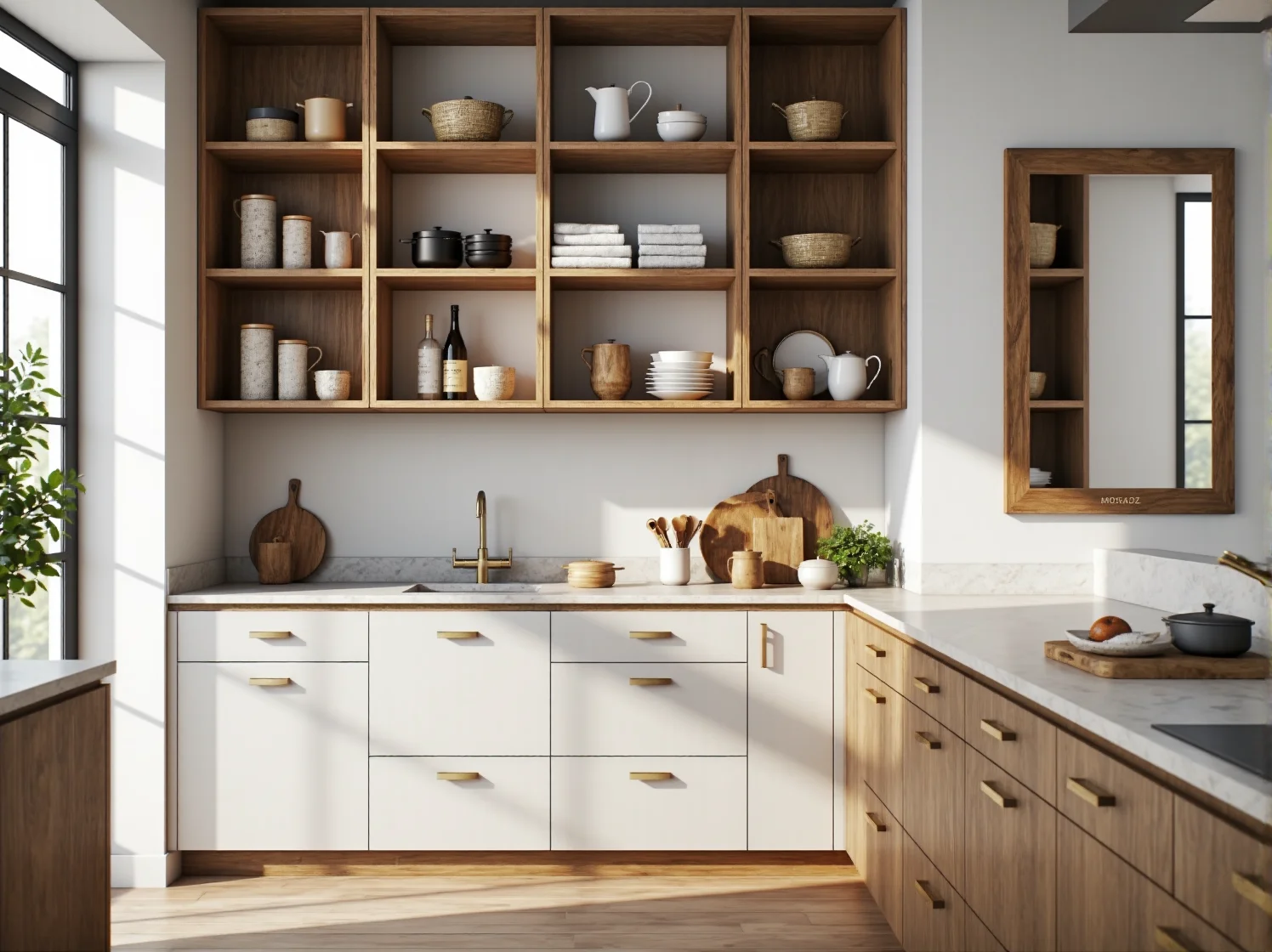 Zestaw trzech mosiężnych lamp wiszących nad wyspą kuchenną w stylu loftowym.