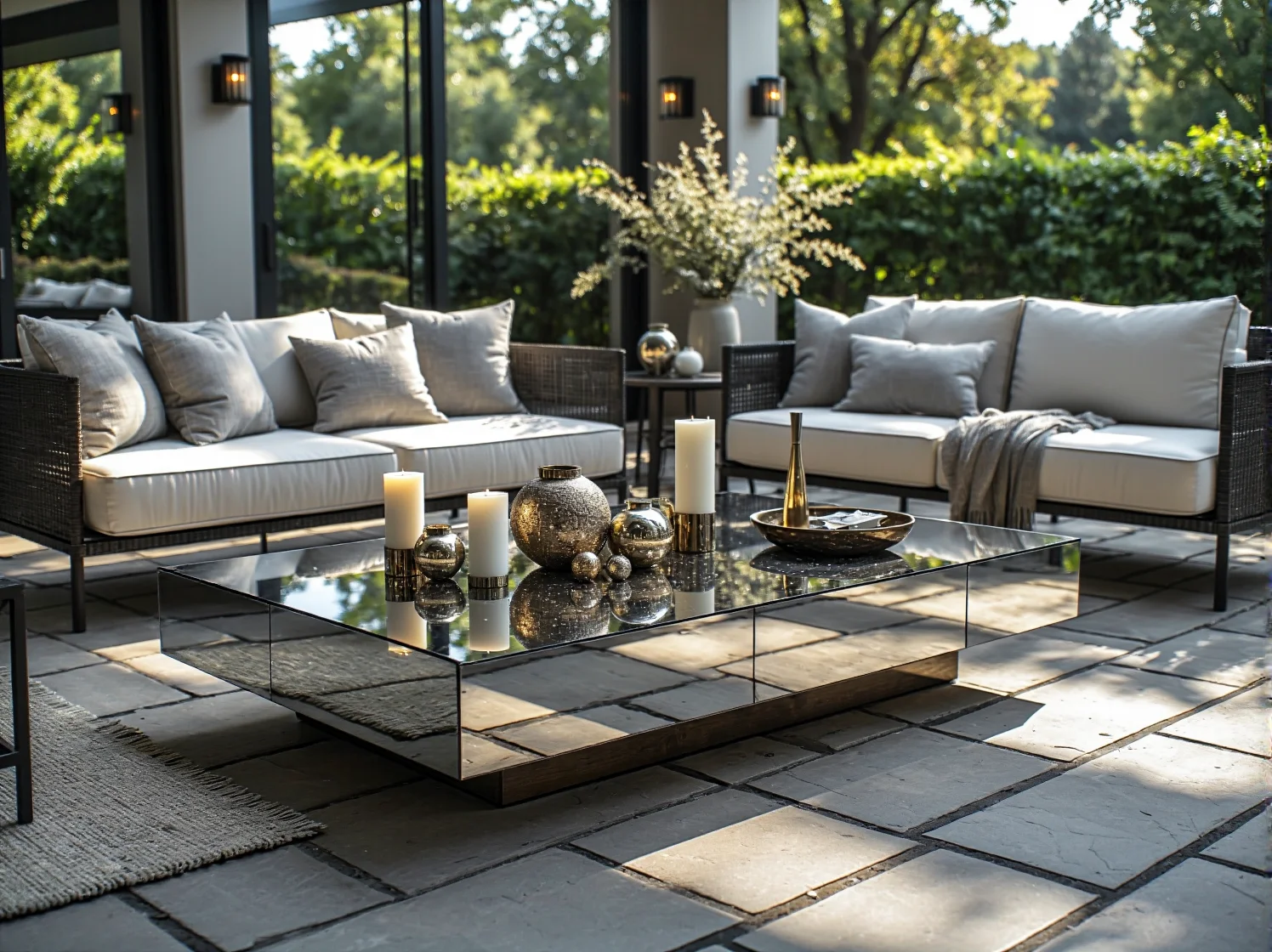 Wypoczynkowy narożnik ogrodowy glamour z dekoracyjnymi poduszkami na nowoczesnym tarasie.