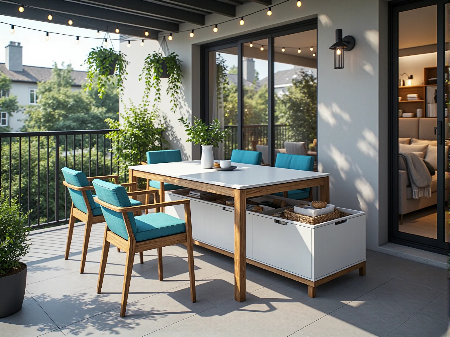 Stylowy narożnik ogrodowy z pojemnikiem do przechowywania w aranżacji balkonu