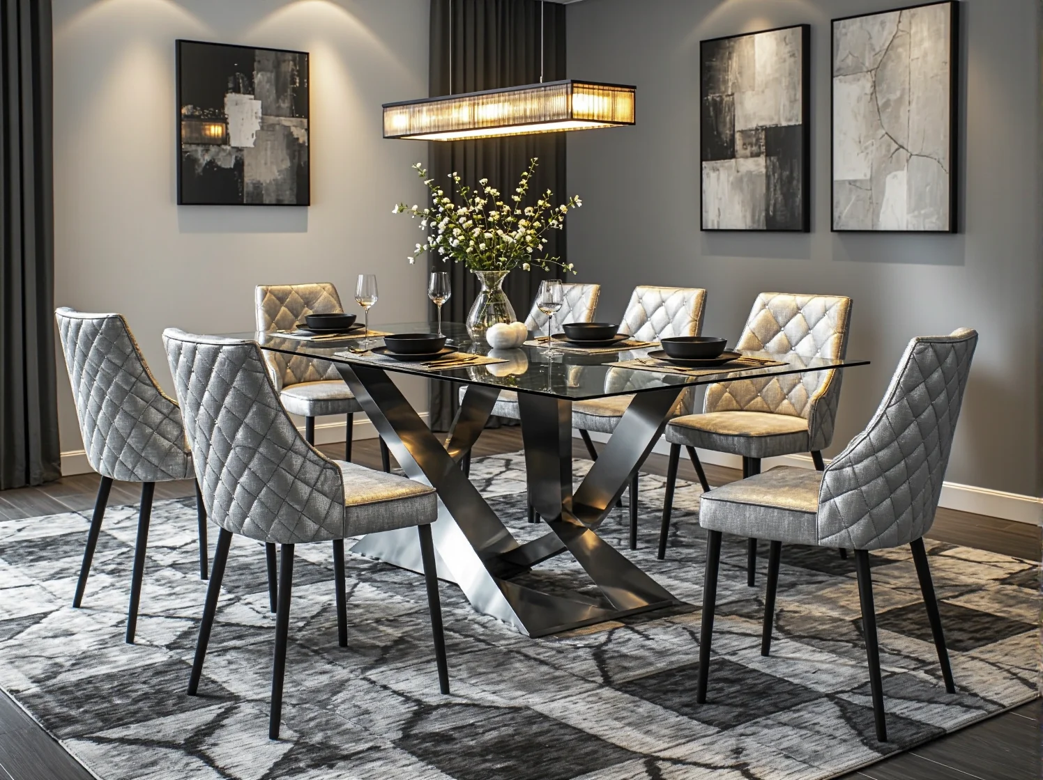 Stylowa aranżacja jadalni z dużym stołem glamour i krzesłami