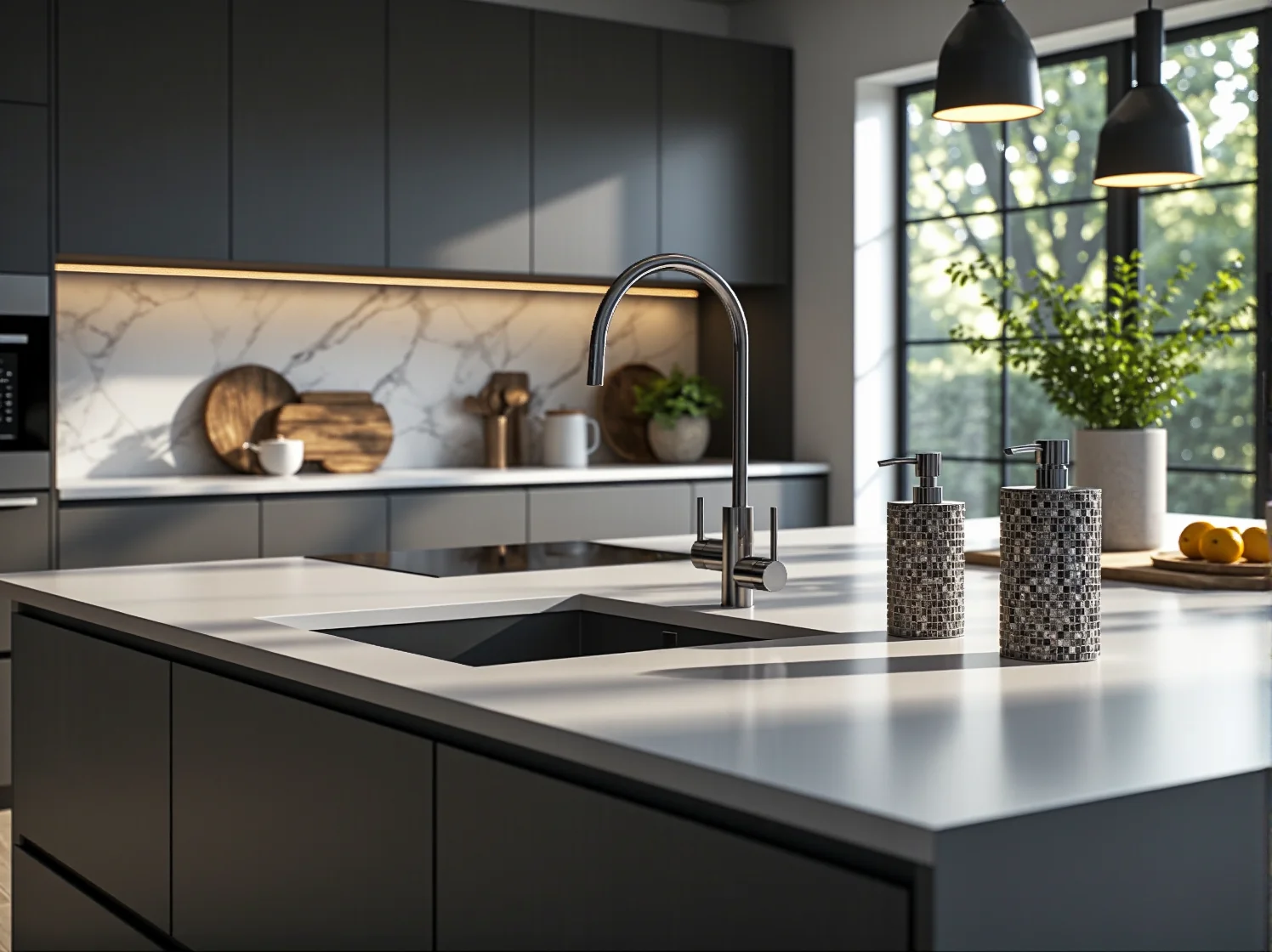 Nowoczesna szklana lampa wisząca z wykończeniem w kolorze mosiądzu w jasnej kuchni.