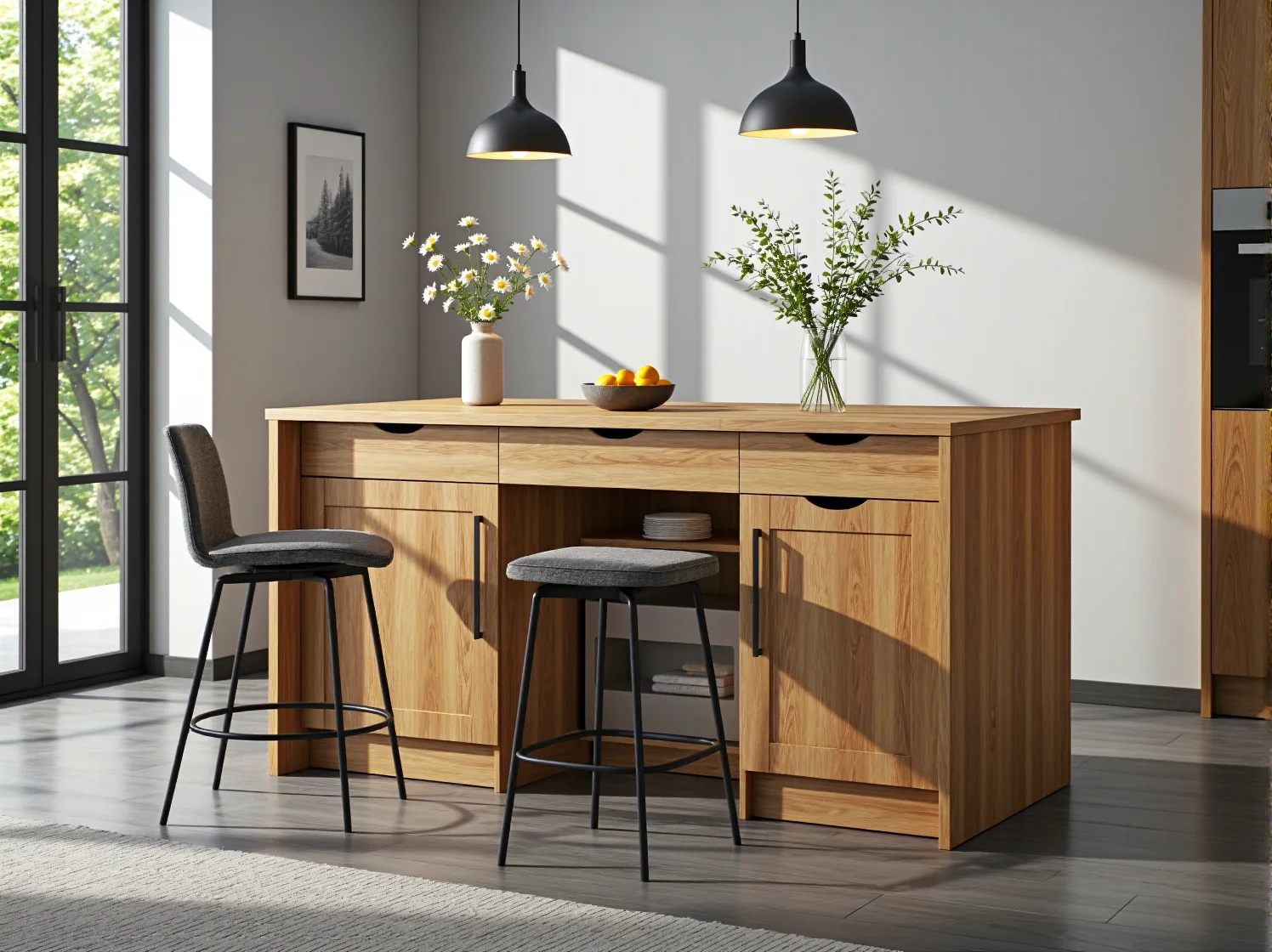Mała kuchnia z wyspą pełniącą rolę stołu – nowoczesne rozwiązanie do wąskich wnętrz.