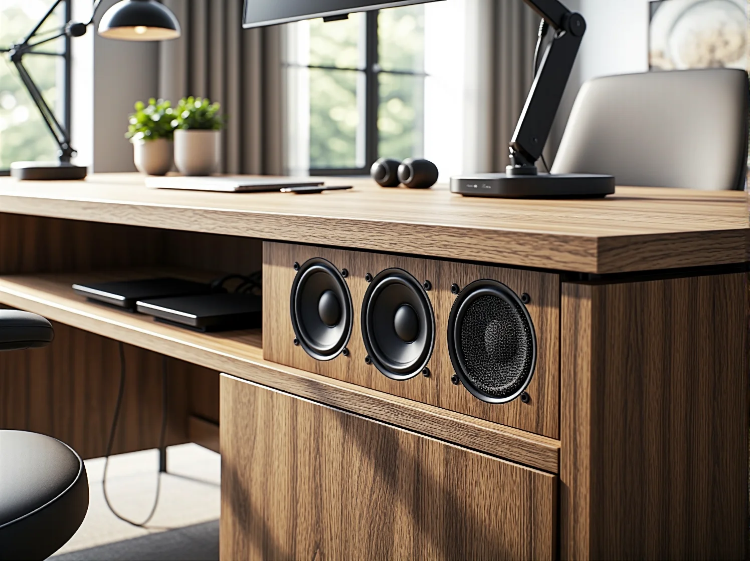 Białe biurko biurowe z zintegrowanym systemem audio i ergonomicznym blatem do pracy