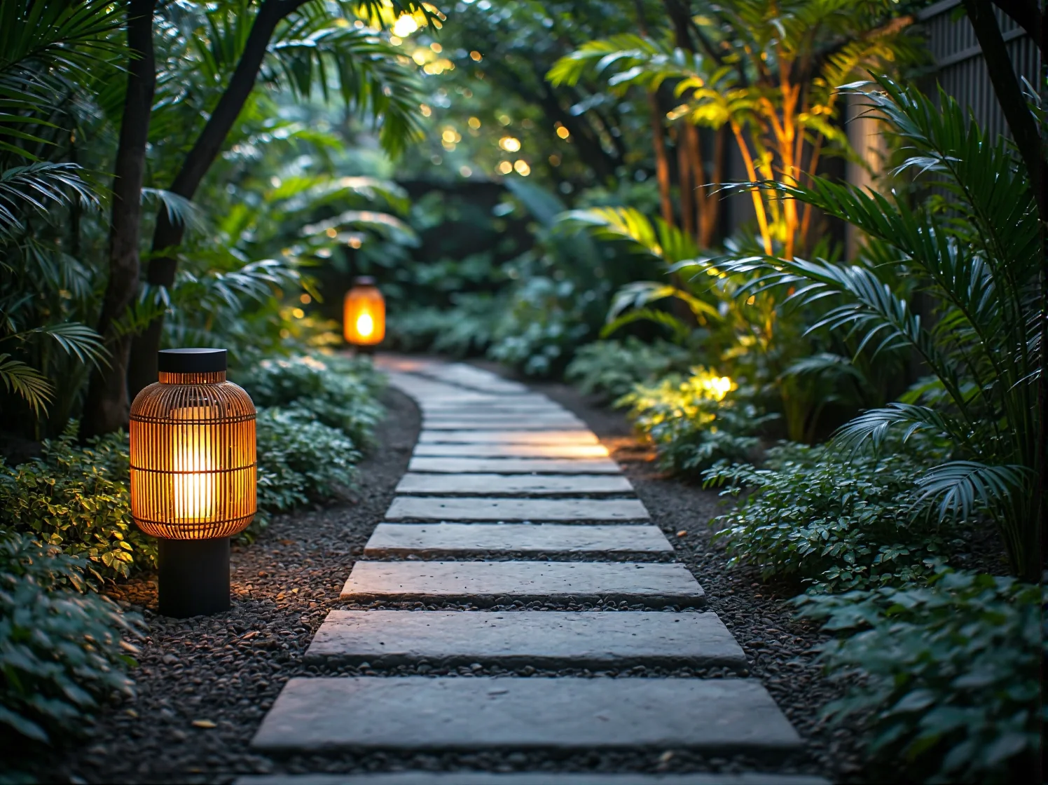 Nowoczesne oprawy świetlne przy ścieżce w ogrodzie tropikalnym tworzące magiczny klimat.