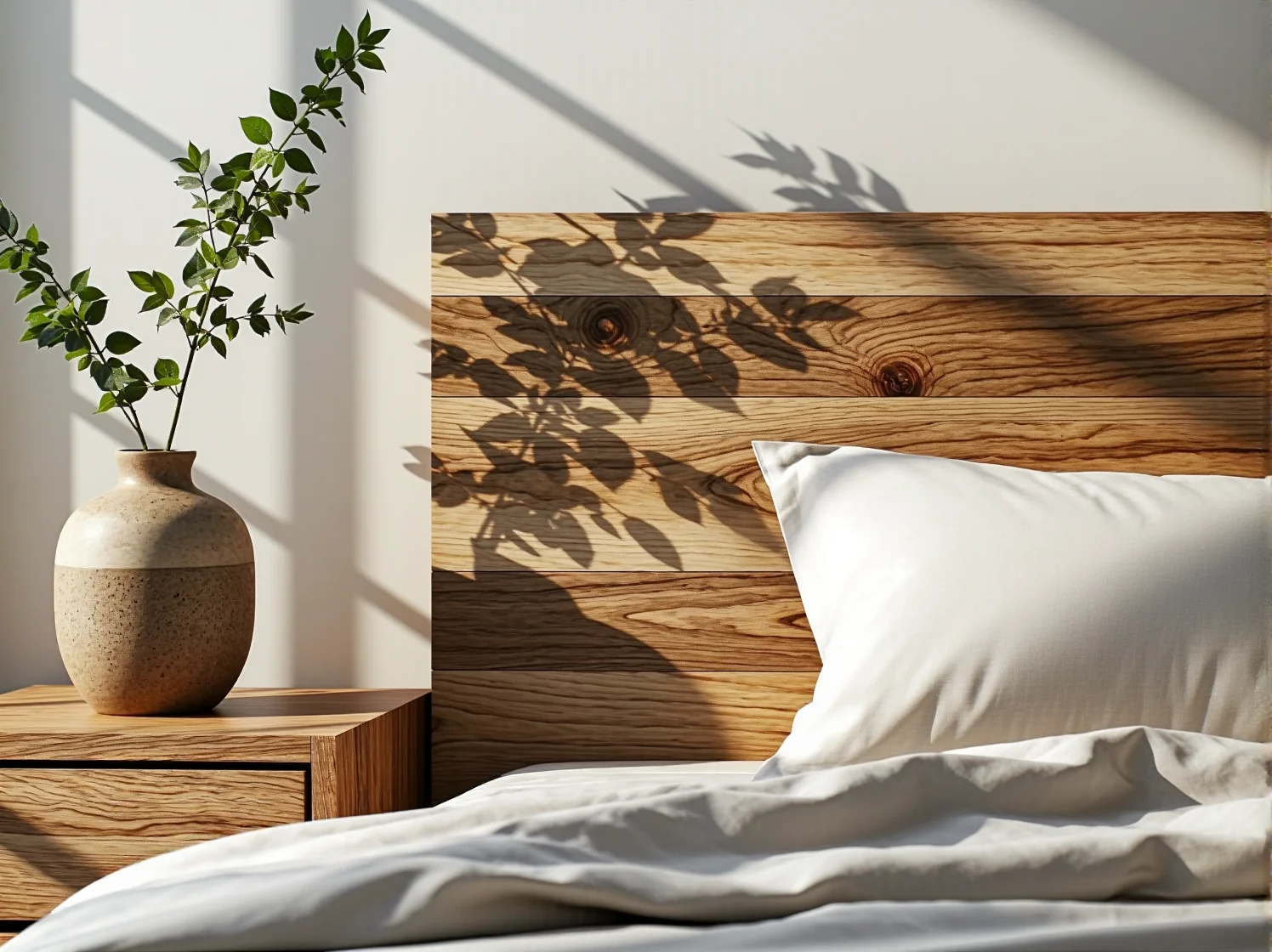 Nowoczesne łóżko ekologiczne z certyfikowanego drewna w jasnej sypialni sprzyjającej zdrowemu snu.