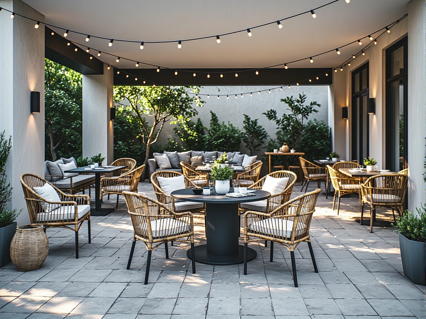 Luksusowe i funkcjonalne wyposażenie restauracji wykonane ze zrównoważonych materiałów.