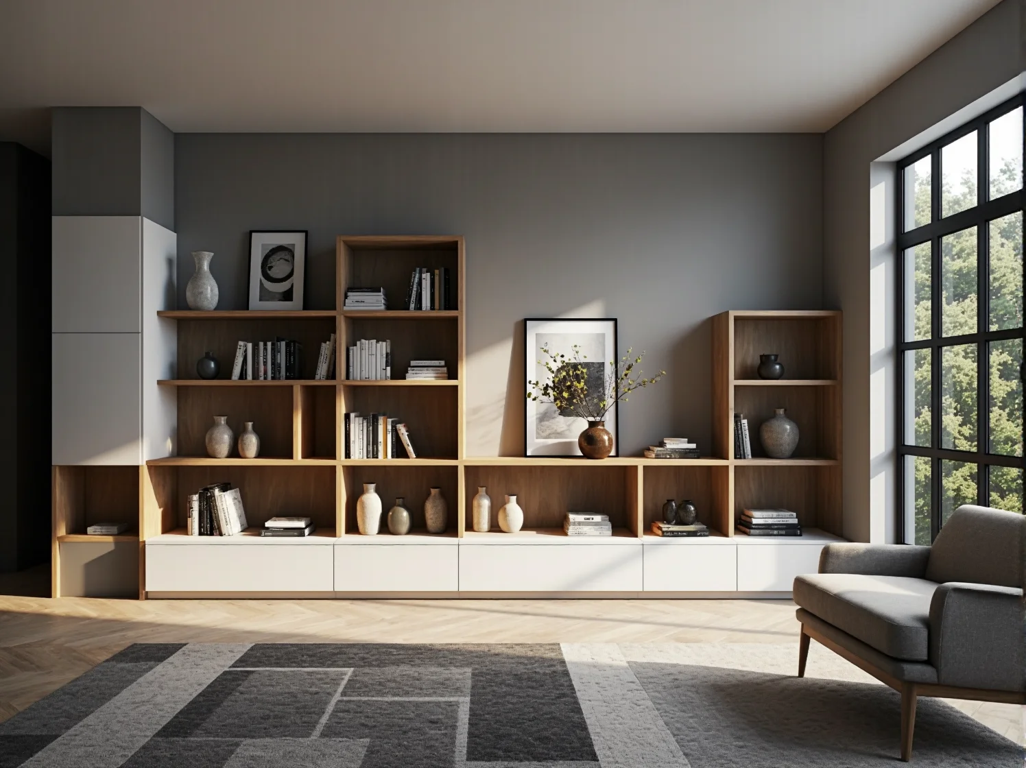 Minimalistyczny metalowy regał narożny typu loft idealny do małego salonu.