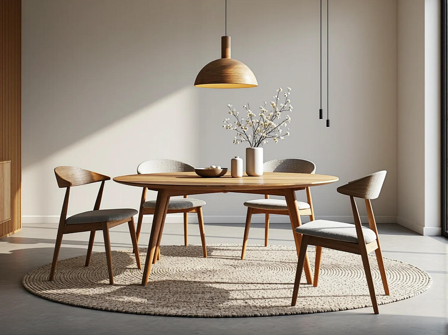 Nowoczesny stół z litego drewna w minimalistycznym wnętrzu - wybór ekologicznych mebli do salonu.