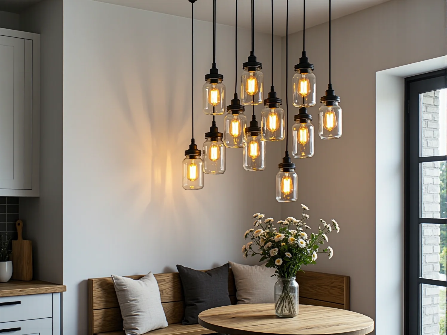 Odnawiany drewniany stół w jadalni połączonej z kuchnią – inspiracja DIY do domu.