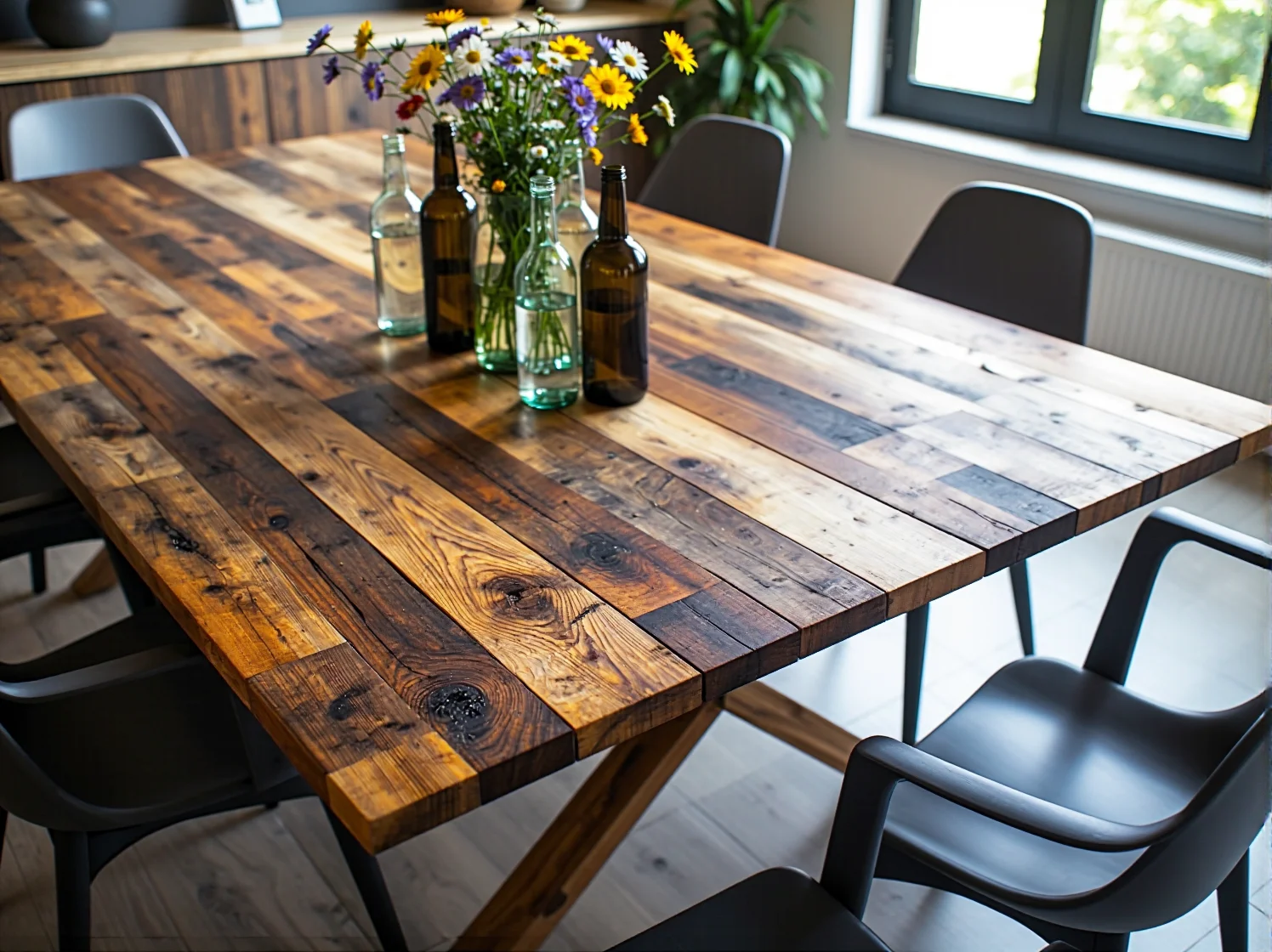 Odpowiedzialny design w sypialni – łóżko wykonane z materiałów wtórnych w jasnym wnętrzu.