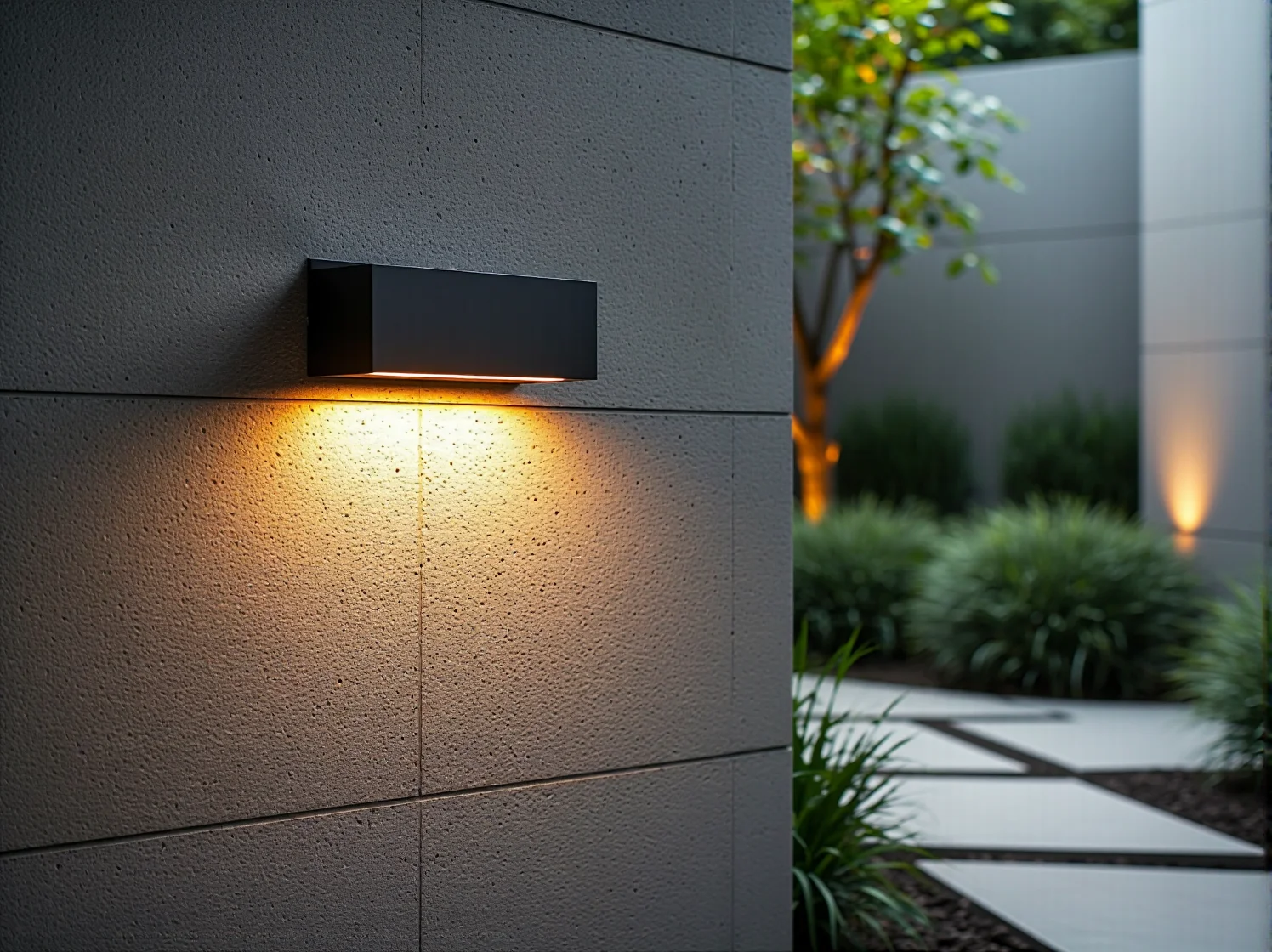 Liniowe oprawy LED wzdłuż ogrodowej ścieżki w stylu modernistycznym zapewniające bezpieczeństwo.