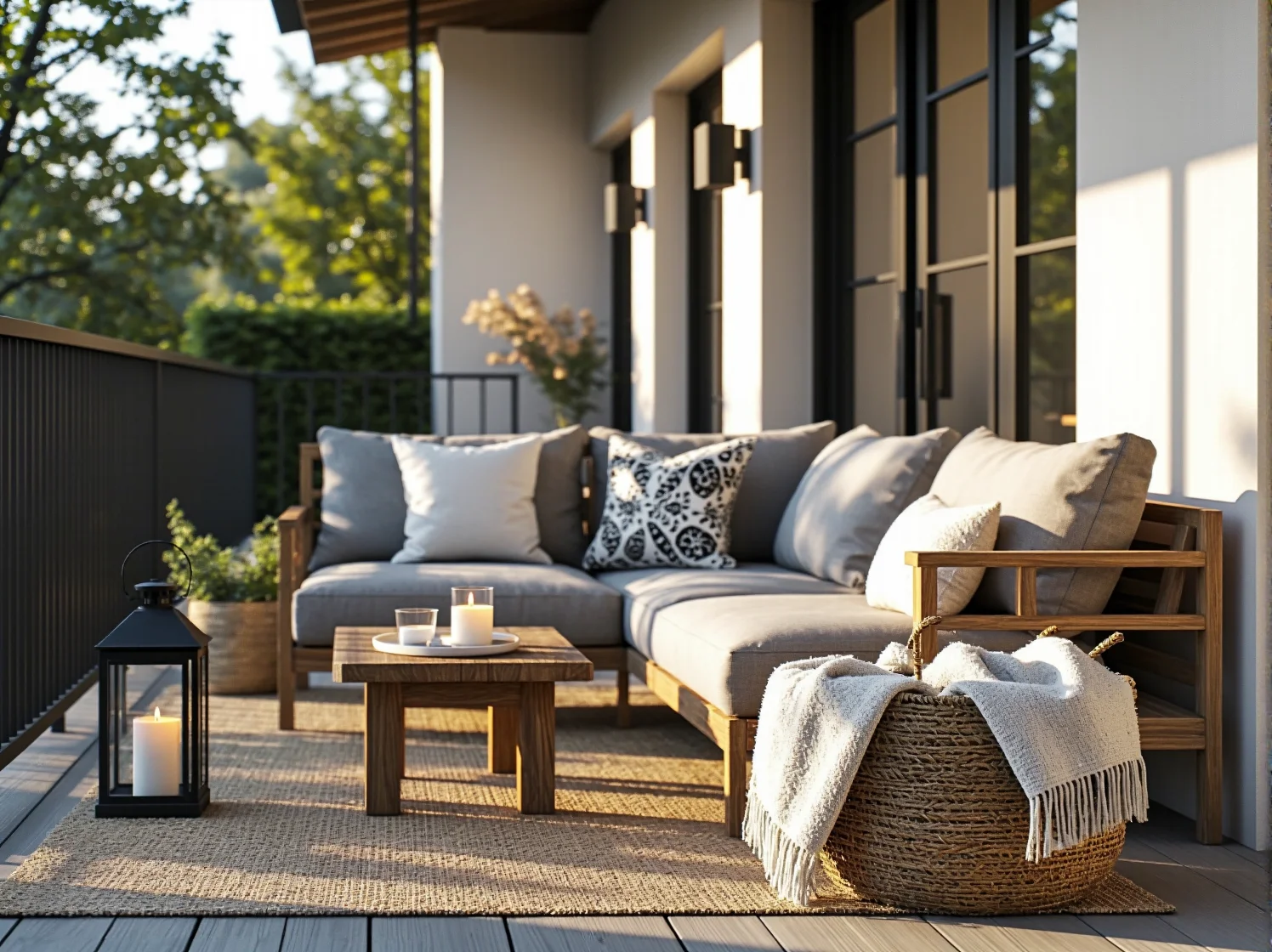 Nastrojowe oświetlenie balkonu w stylu skandynawskim: lampiony i girlandy świetlne po zmroku.