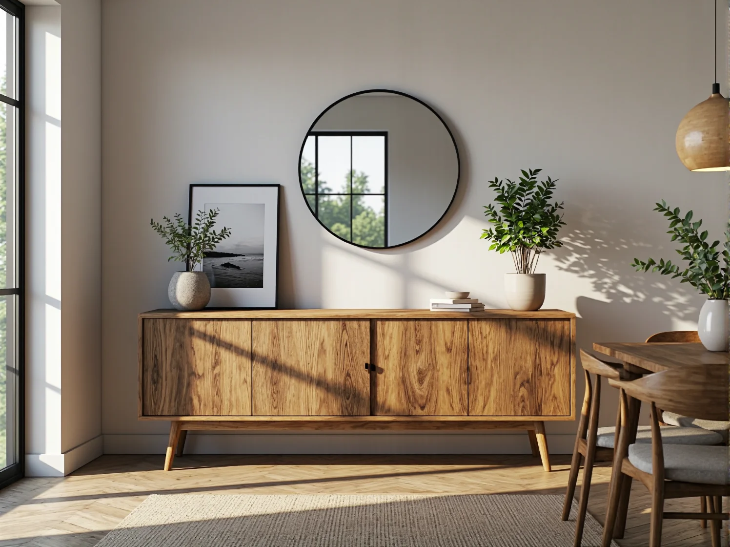 Stylowe oświetlenie nad stołem w jadalni tworzące przytulny klimat hygge i skandynawski design.