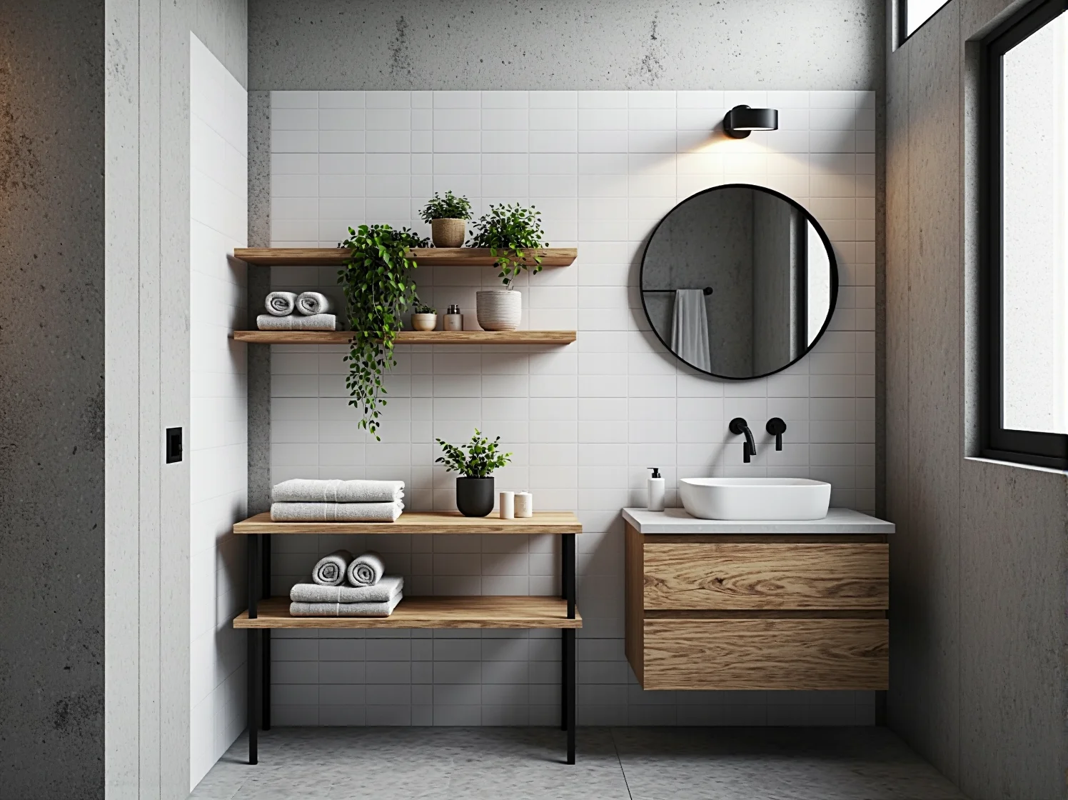 Oświetlenie industrialne i lampy wiszące typu edison w małym przedpokoju w stylu loft.