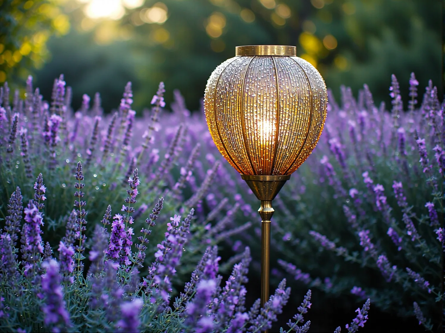 Oświetlenie ścieżki w ogrodzie angielskim za pomocą stylowych lamp stojących retro.