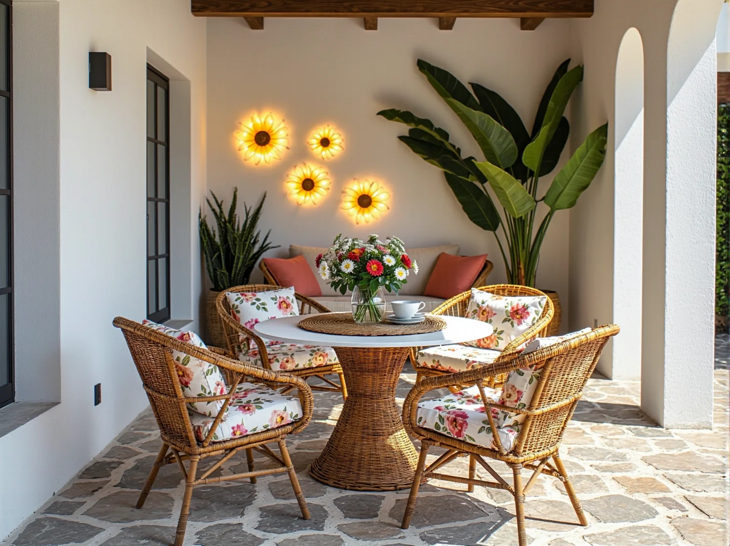 Nastrojowe oświetlenie tarasu wieczorem dzięki lampom LED w formie kwiatów.
