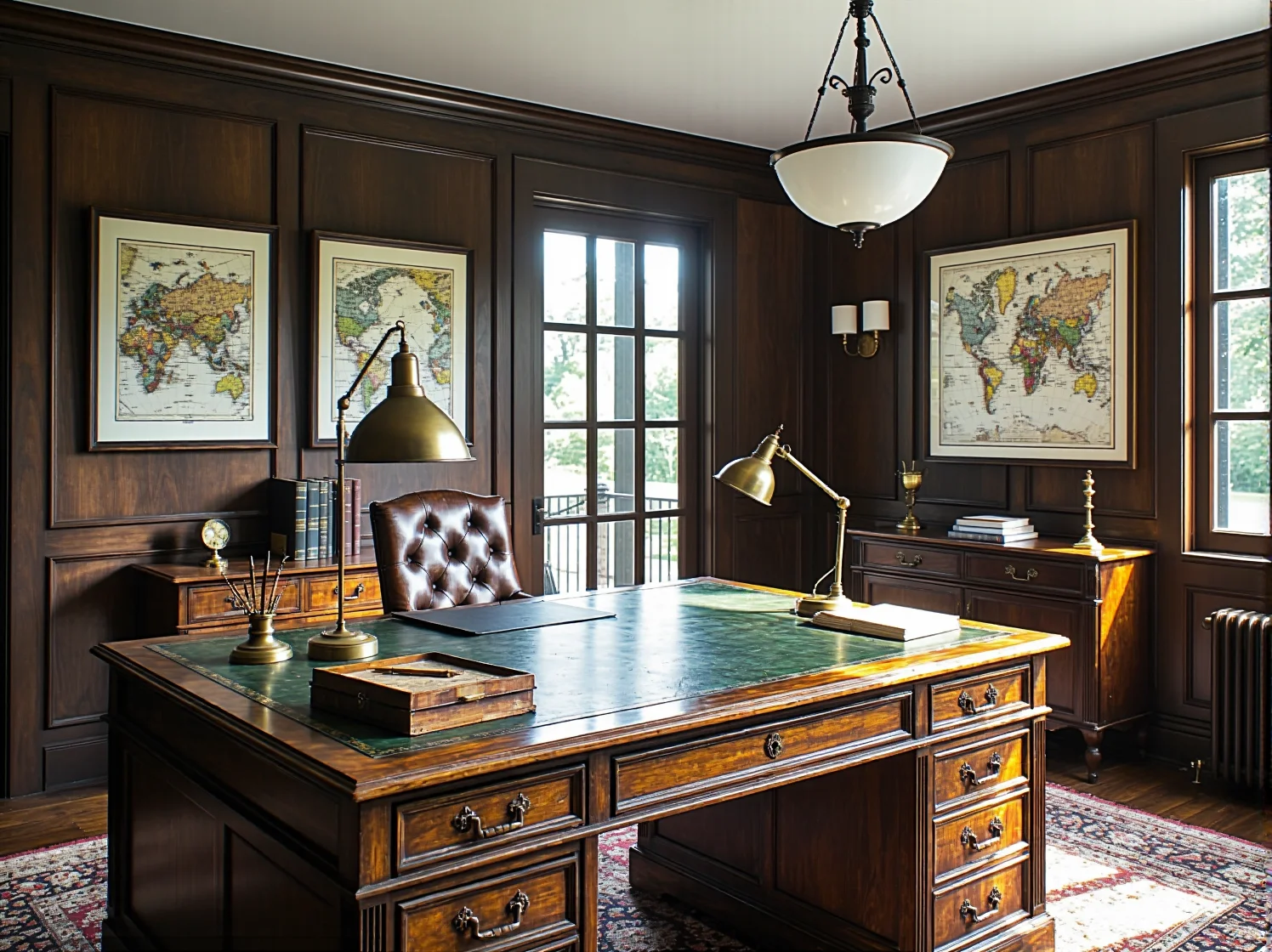 Dekoracyjne oświetlenie wiszące ze szkła i metalu w sypialni w stylu kolonialnym.