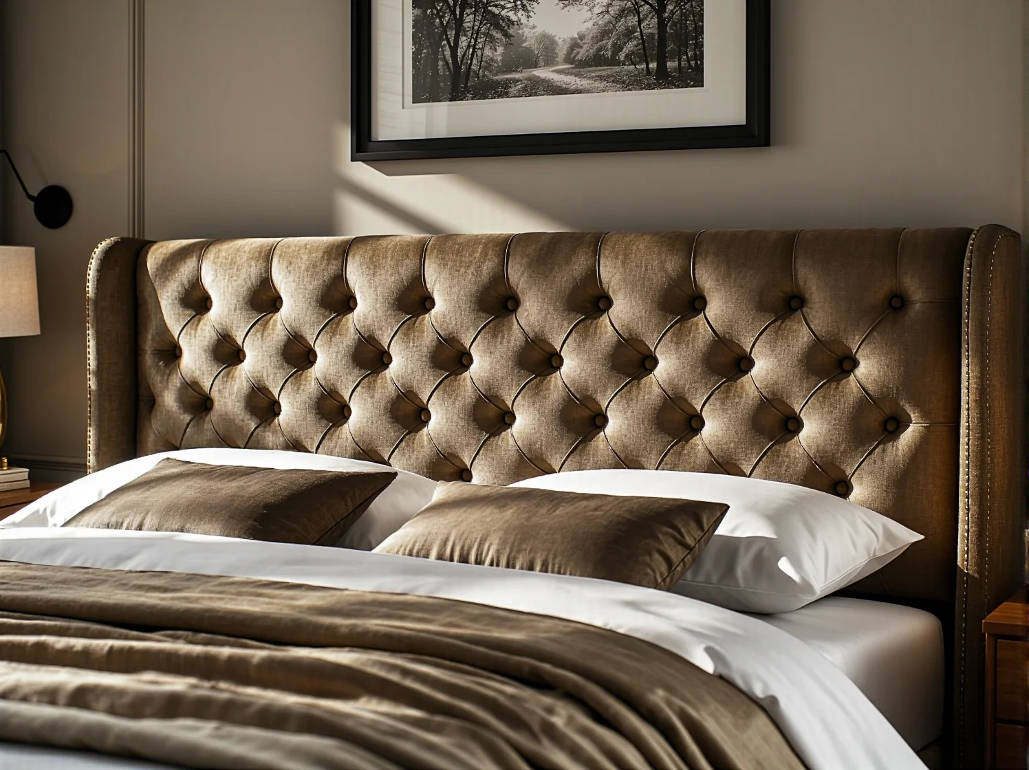 Pikowane łóżko kontynentalne z wysokim zagłówkiem w klimacie lat 70. do sypialni vintage