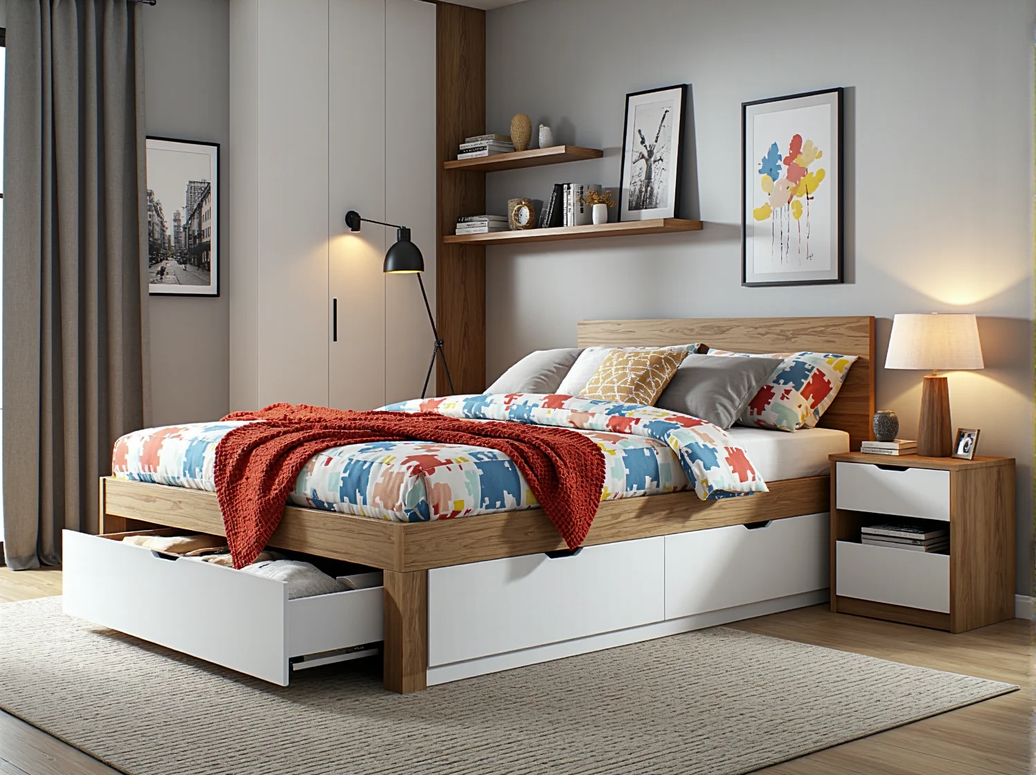 Pojemna szafa i regał na książki w funkcjonalnym pokoju dla nastolatka.