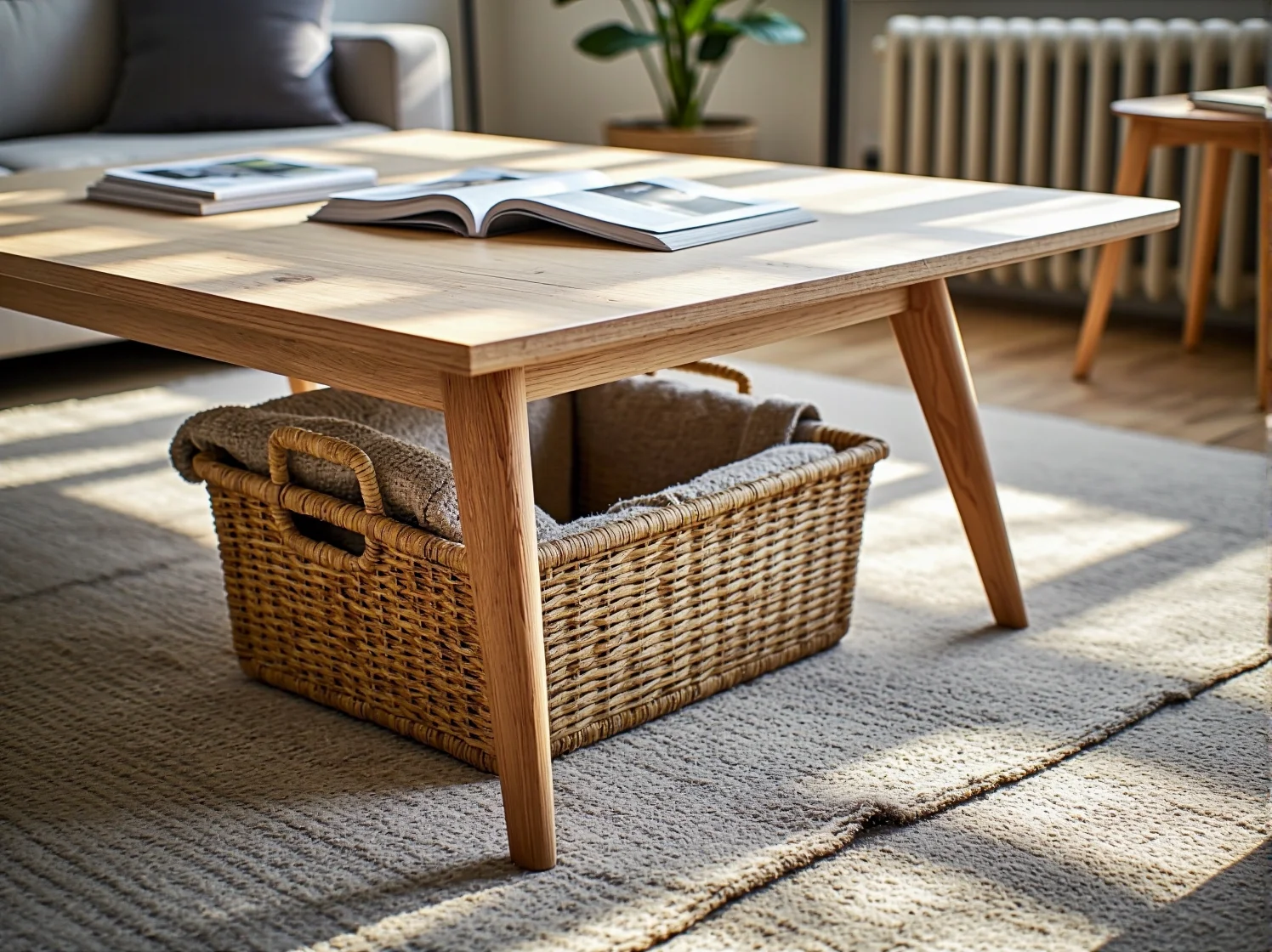 Nowoczesny prostokątny stolik kawowy z drewnianym blatem w stylu skandynawskim.