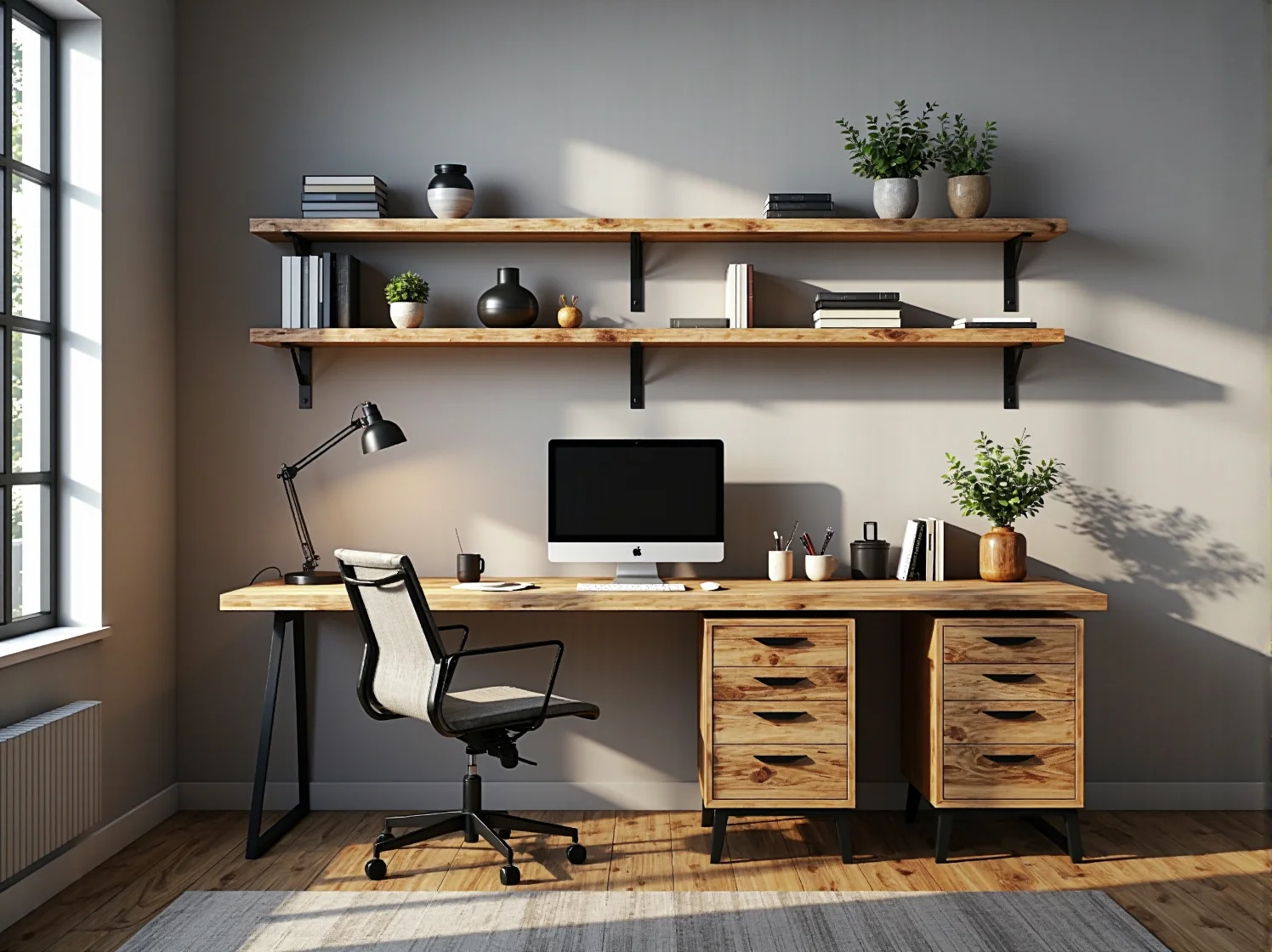 Industrialny regał z metalu i drewna ozdobiony skandynawskimi tekstyliami oraz dodatkami