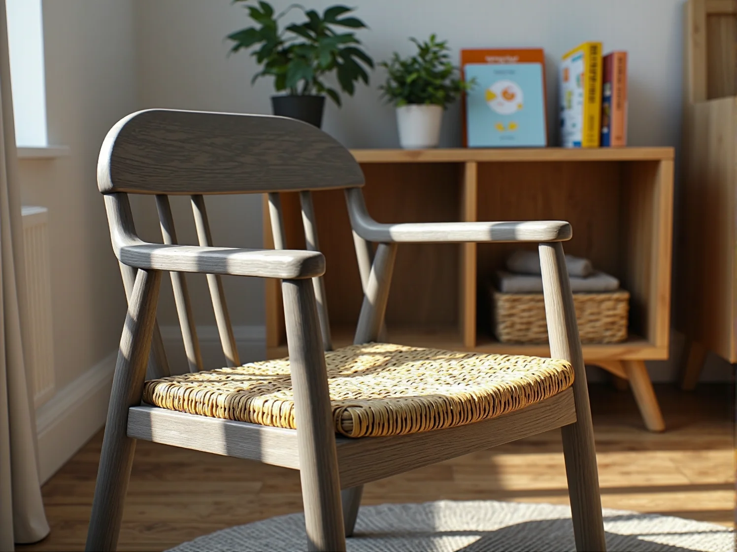 Proces szlifowania drewnianej szafki dziecięcej podczas ekologicznej renowacji japandi.