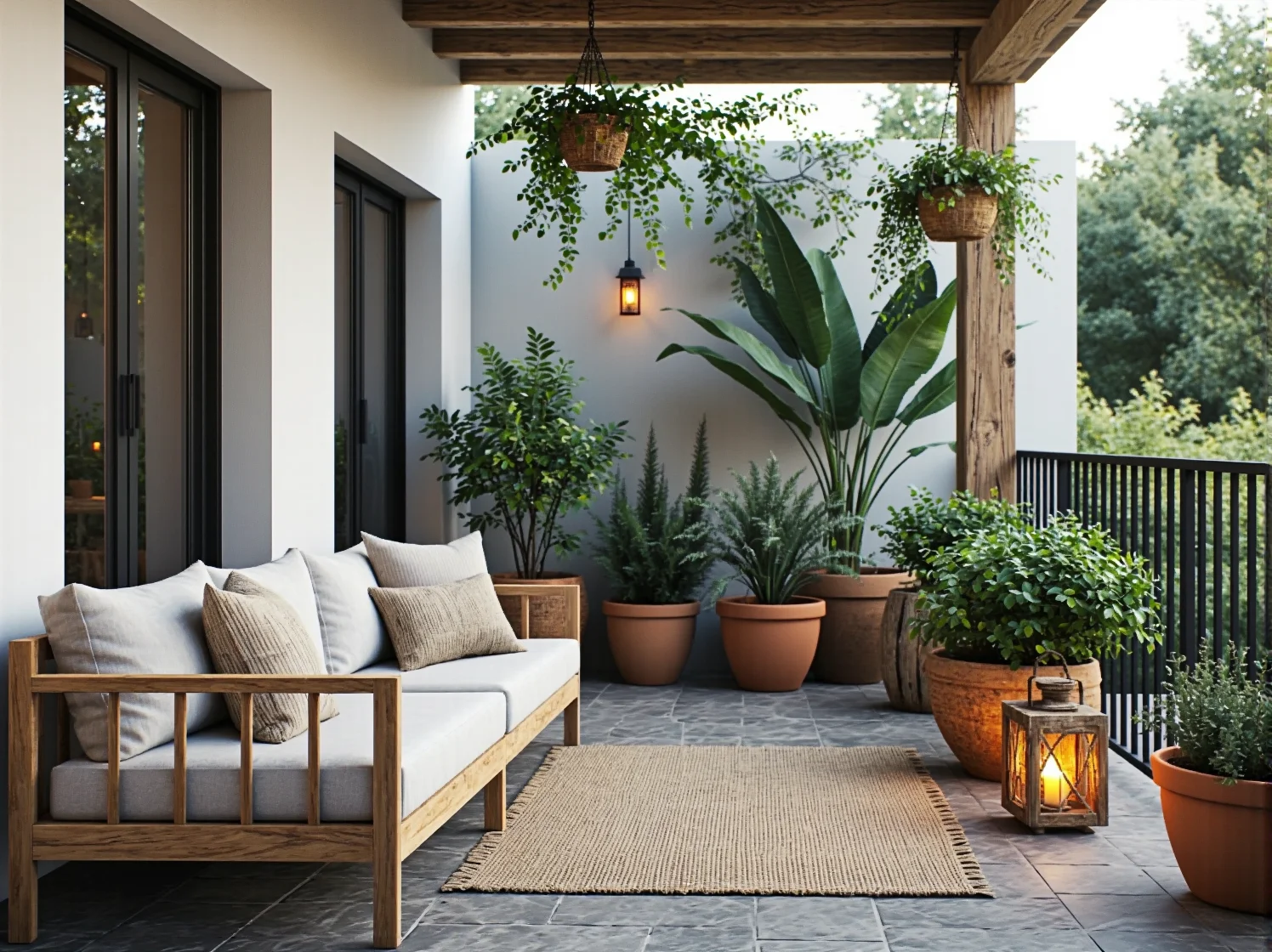 Dodatki w stylu rustykalnym na balkonie: drewniany stolik, lampiony i lniane poduszki