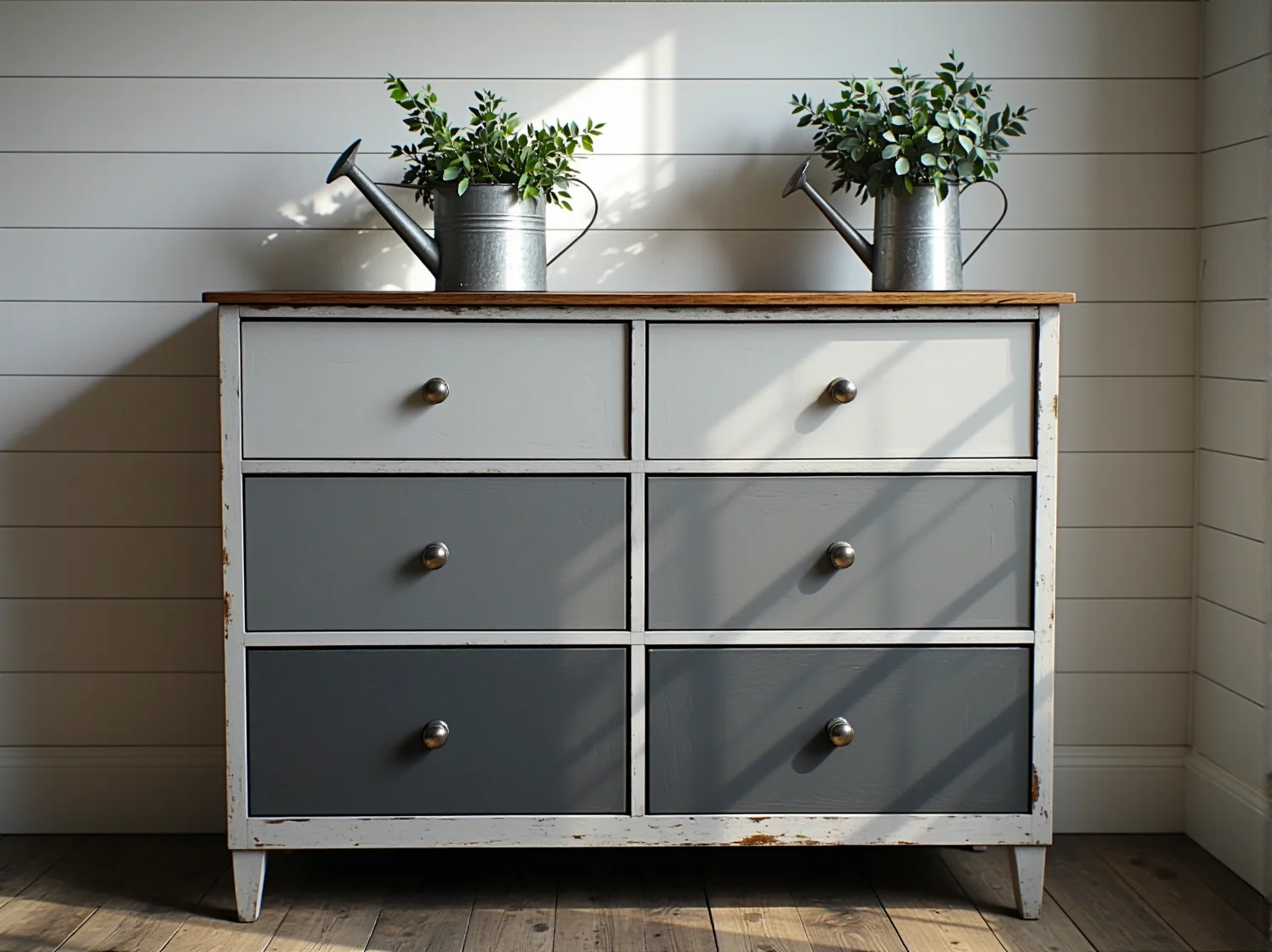 Stylowa szafka nocna pomalowana farbą kredową w kolorze szałwii, idealna do wnętrz rustykalnych.