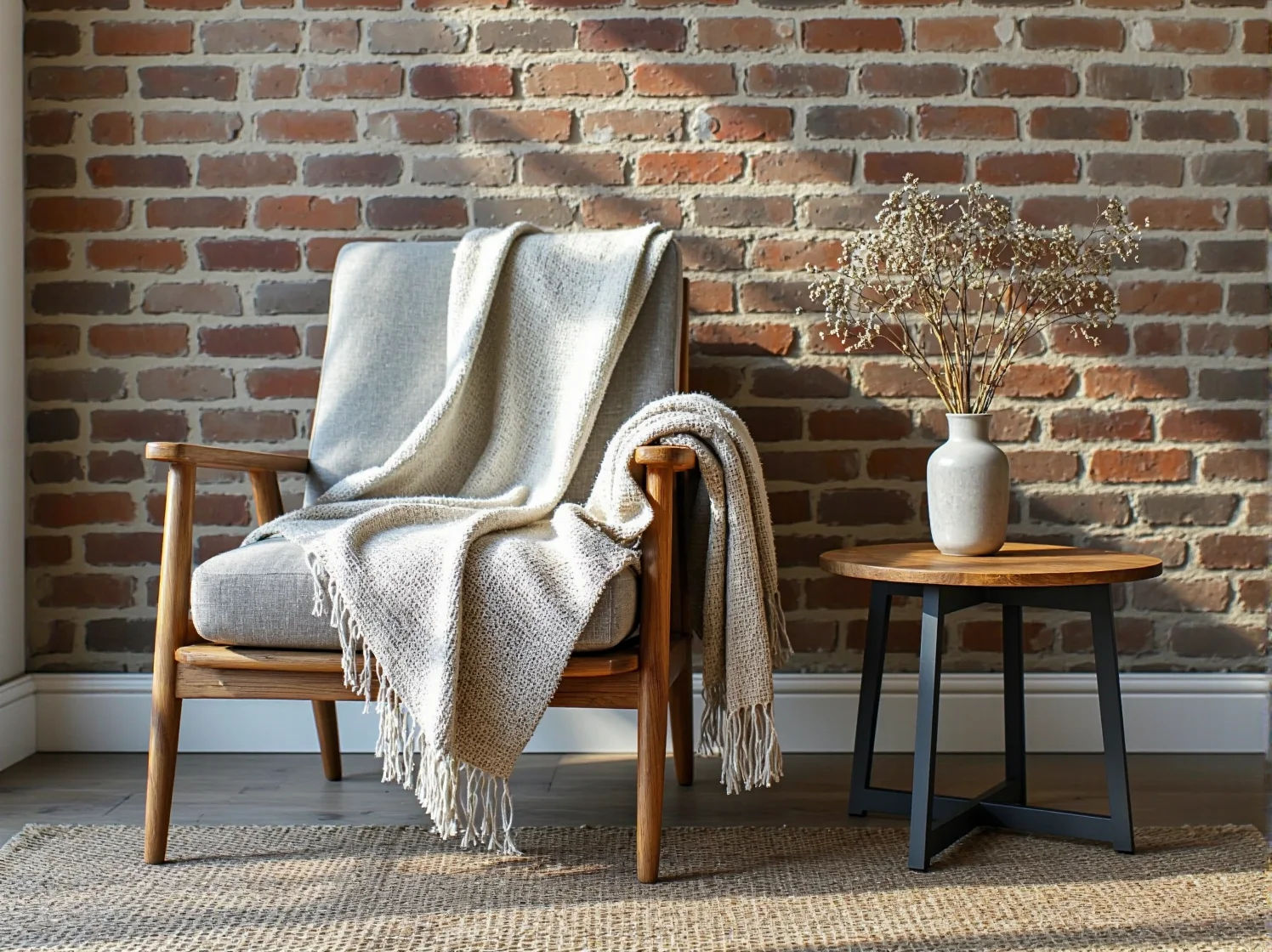 Drewniany stół skandynawski i metalowe lampy w jadalni łączącej styl loftowy z przytulnym scandi