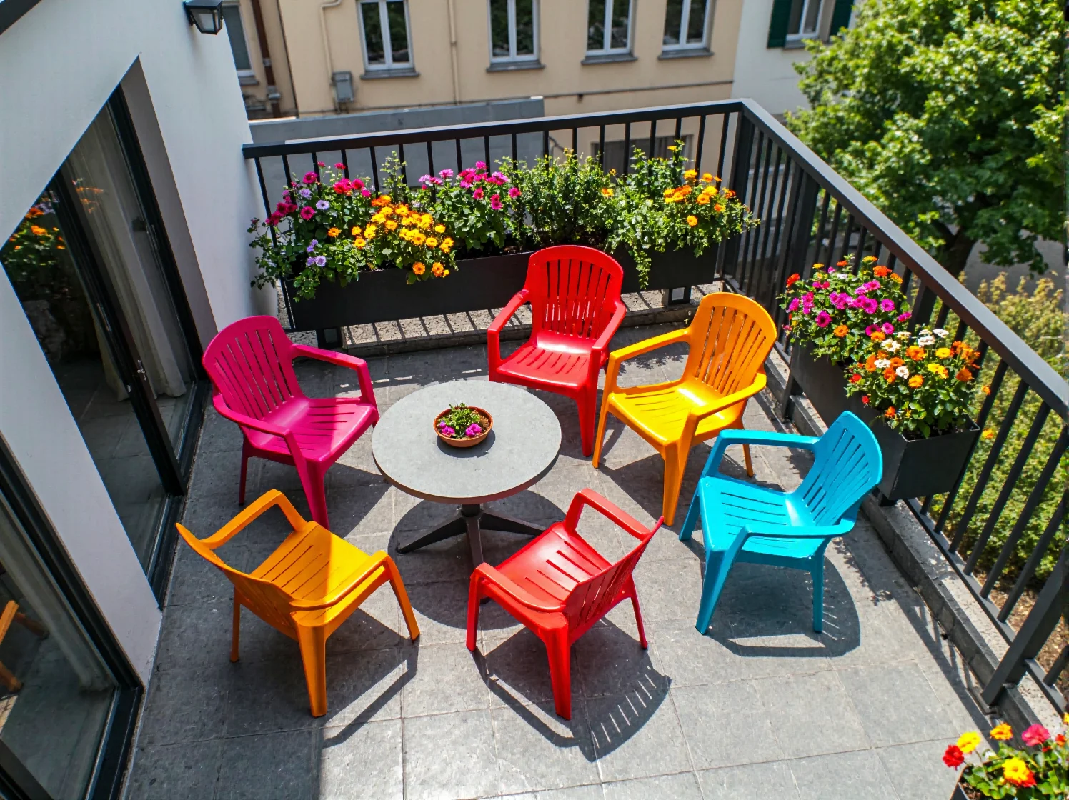 Stół tarasowy z ekologicznego plastiku idealny do posiłków na świeżym powietrzu.