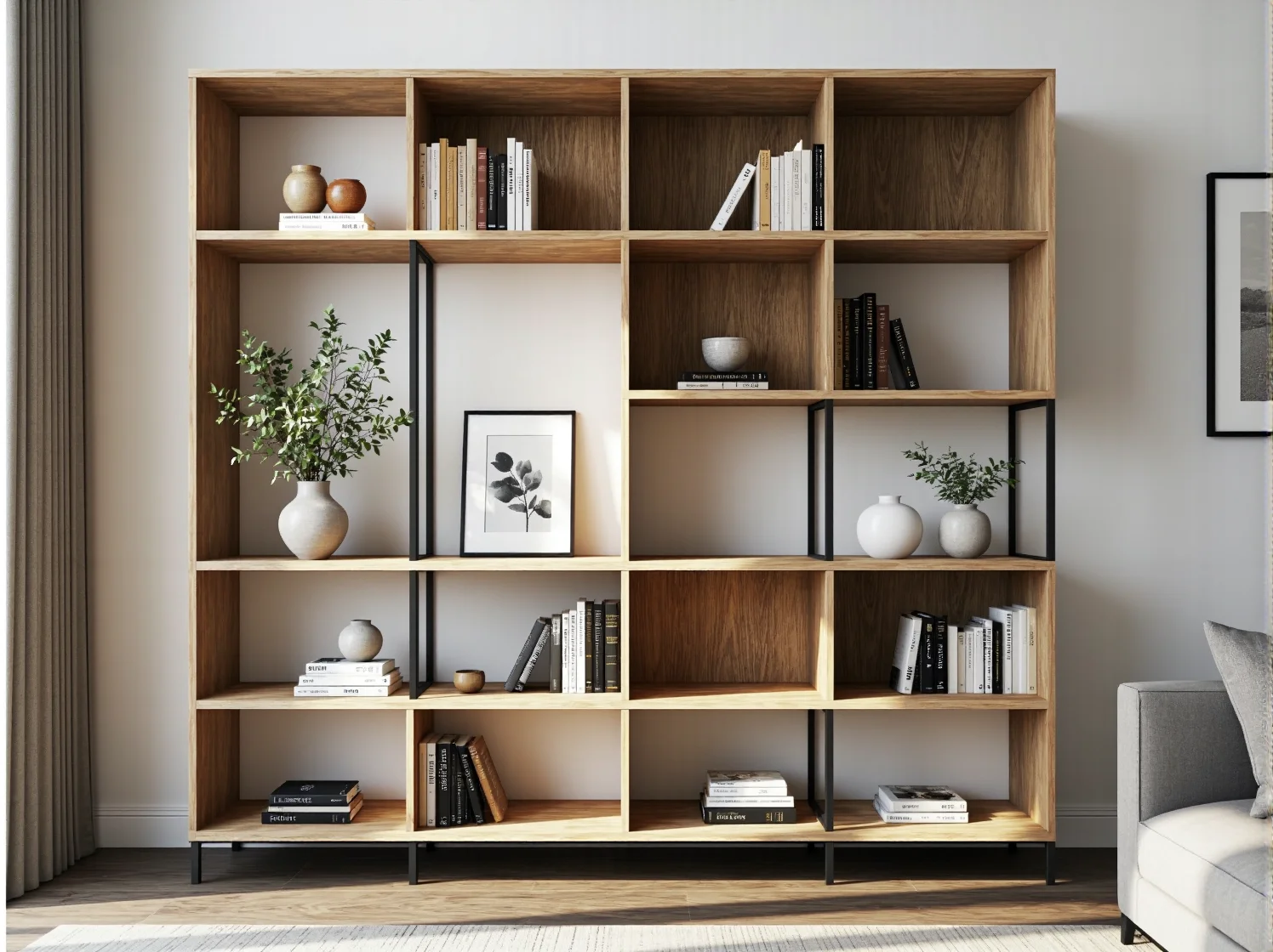 Praktyczne strefowanie meblami za pomocą nowoczesnej sofy w dużym salonie.