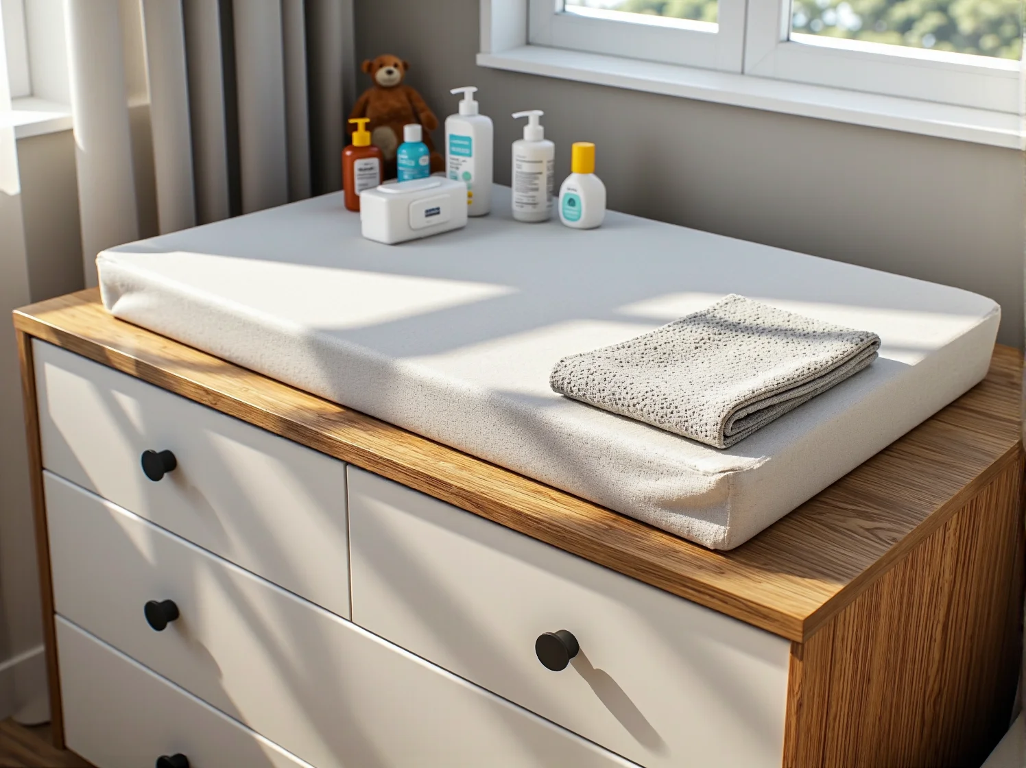 Stylowa komoda dziecięca z organizerami na zabawki w nowoczesnym pokoju dziecięcym.