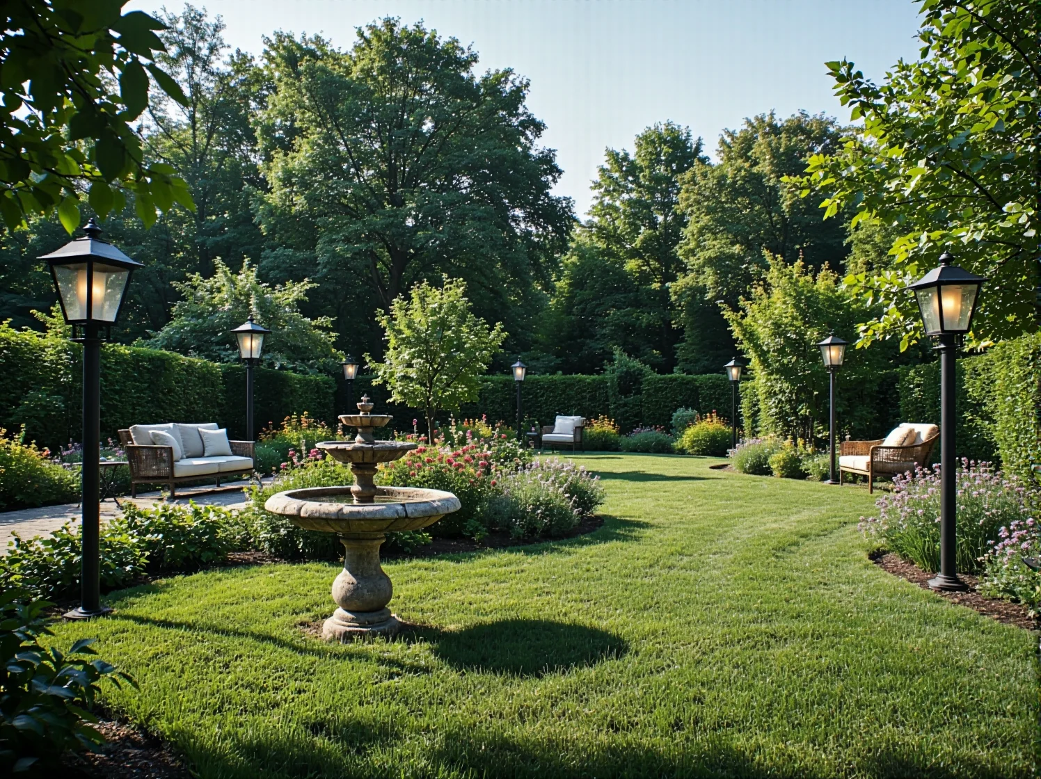 Elegancka czarna lampa stojąca w nastrojowym ogrodzie angielskim pełnym kwiatów.