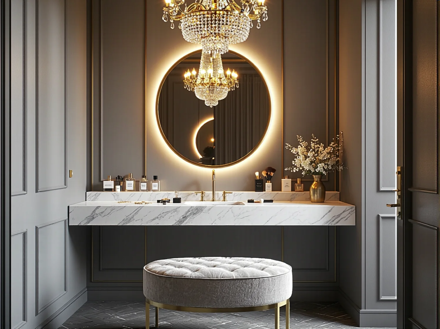 Sypialnia hotelowa glamour z pikowanym zagłówkiem łóżka i kryształowym żyrandolem