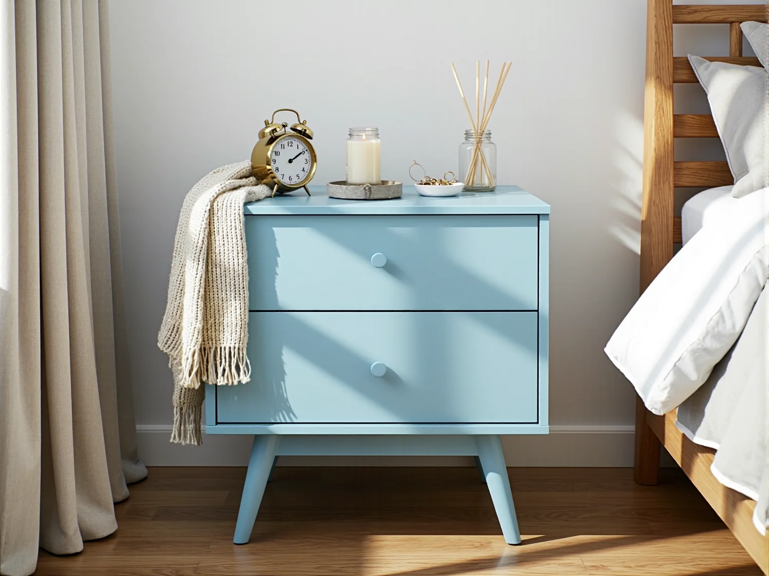 Szafka nocna z jasnego drewna z nowymi uchwytami w minimalistycznej sypialni skandynawskiej