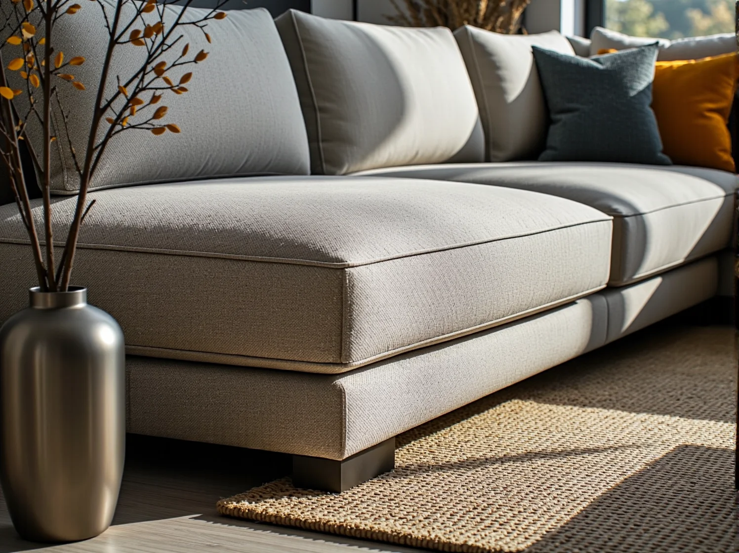 Szary narożnik z miękkimi poduszkami w słonecznym, dużym salonie, zapewniający komfortowy relaks