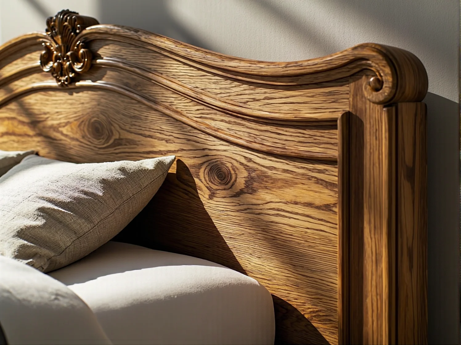 Szlifowanie drewnianej ramy starego łóżka papierem ściernym podczas prac renowacyjnych.