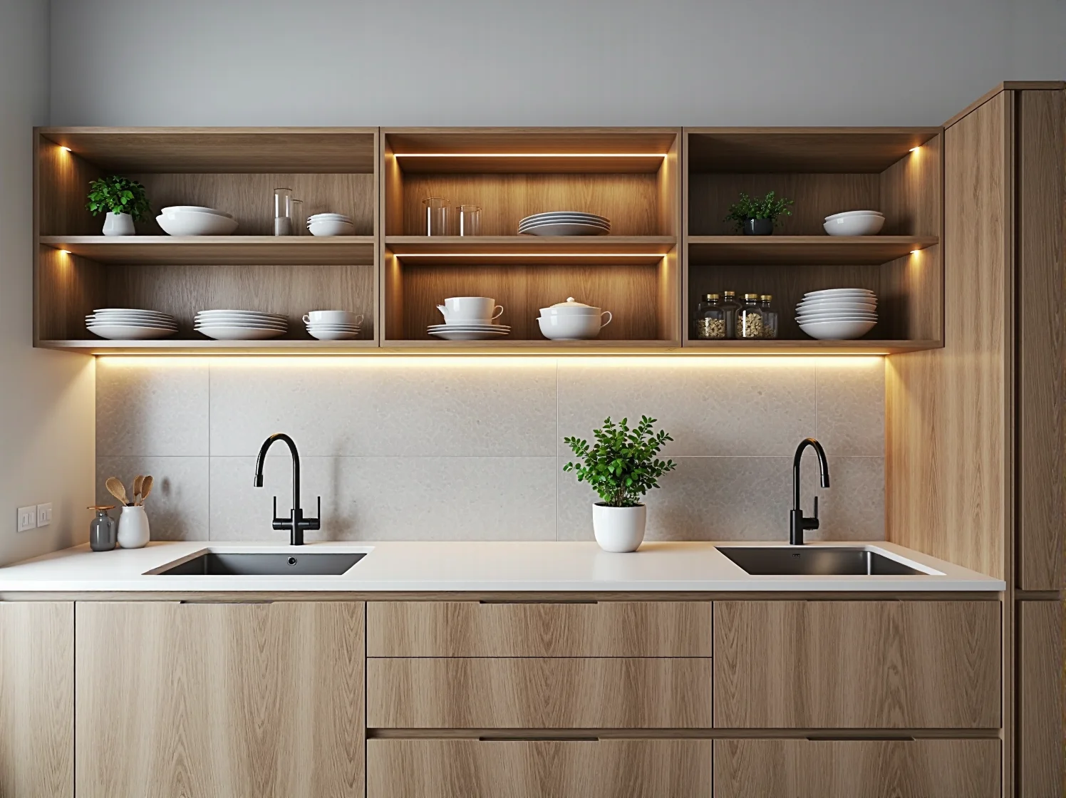 Taśmy LED pod szafkami w małej kuchni wydzielające strefy funkcjonalne w kawalerce.