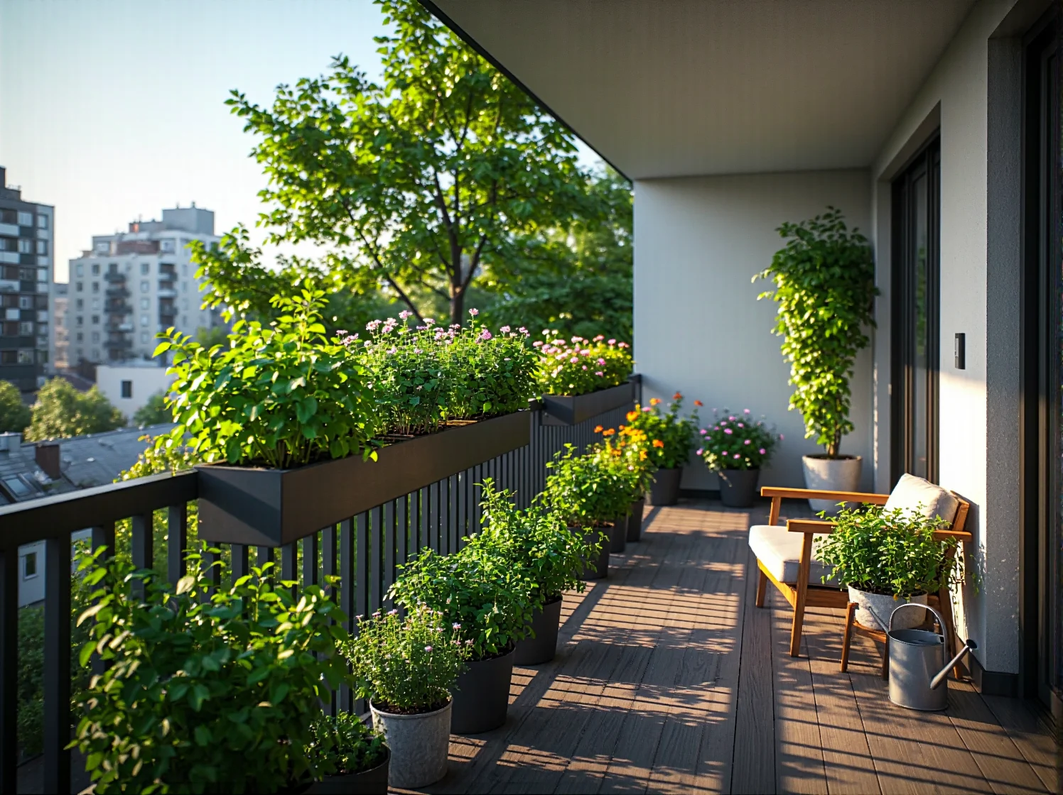 Skandynawskie tekstylia balkonowe - koce, poduszki i dywan zewnętrzny tworzące klimat hygge.